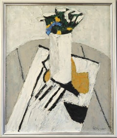 1963 Vintage Pintura al óleo de bodegón moderno de mediados de siglo - El jarrón blanco