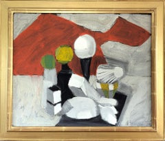 1969 Vintage Mid-Century Modern Still Life Oil Painting - Stacked Objects on Red