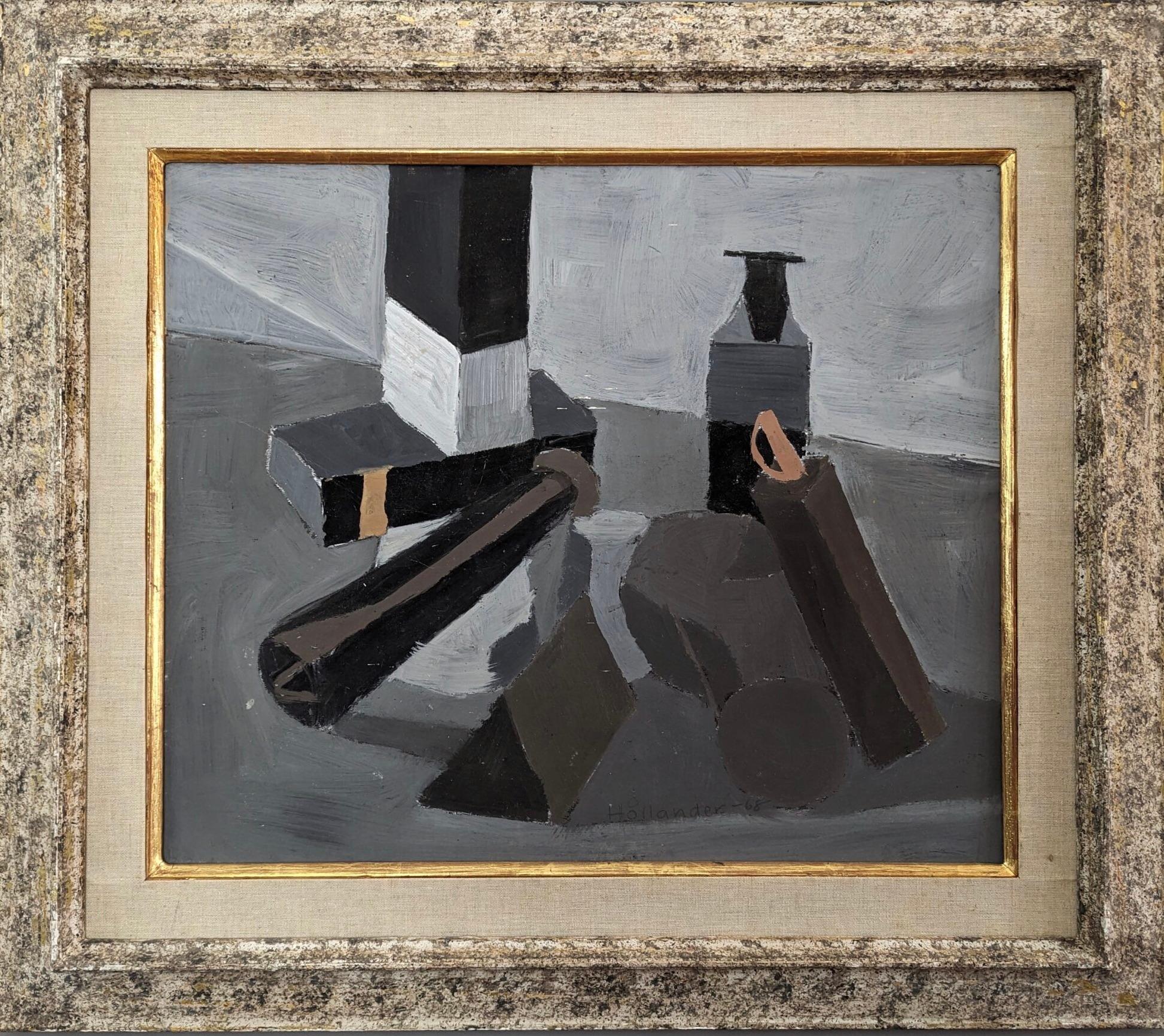 MARRONE E NERO
Dimensioni: 65,6 x 74,5 cm (cornice inclusa)
Olio su tavola

Un'originale composizione modernista di metà secolo, dipinta su tavola e datata 1968 dall'affermato artista svedese Gunnar Hållander (1915-1980), le cui opere sono state