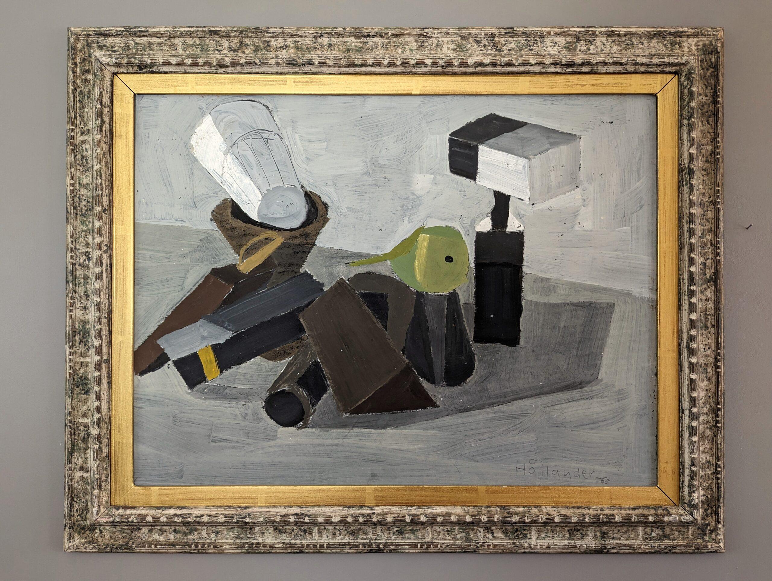 Bodegón moderno de mediados de siglo pintado al óleo por Gunnar Hållander - Objetos apilados en venta 1