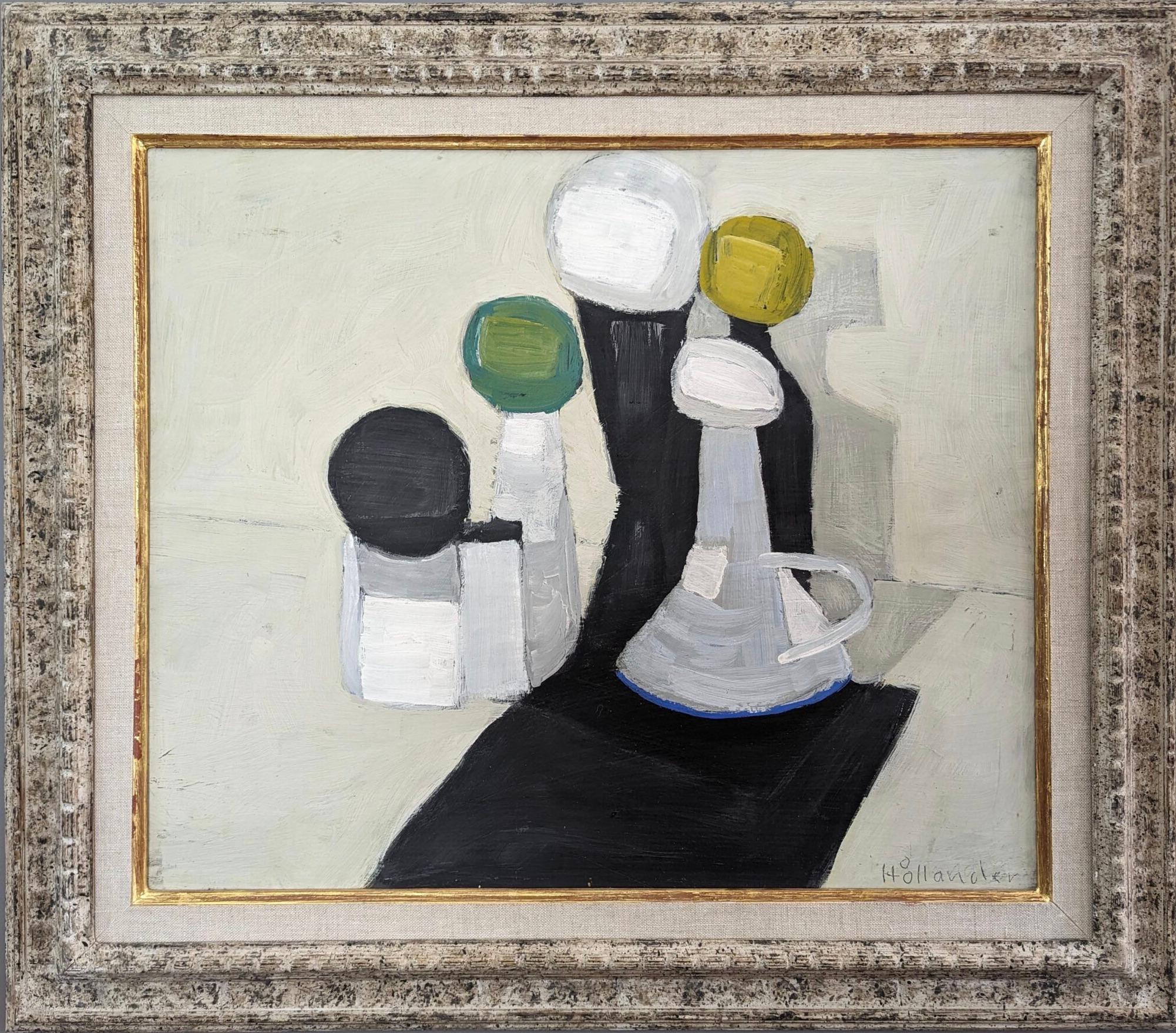 YELLOW & GREEN BALL
Size: 62.5 x 71.5 cm (including frame)
Oil on Board

A striking original mid century modernist composition, painted onto board and dated 1969 on the reverse by the established Swedish artist Gunnar Hållander (1915-1980), whose