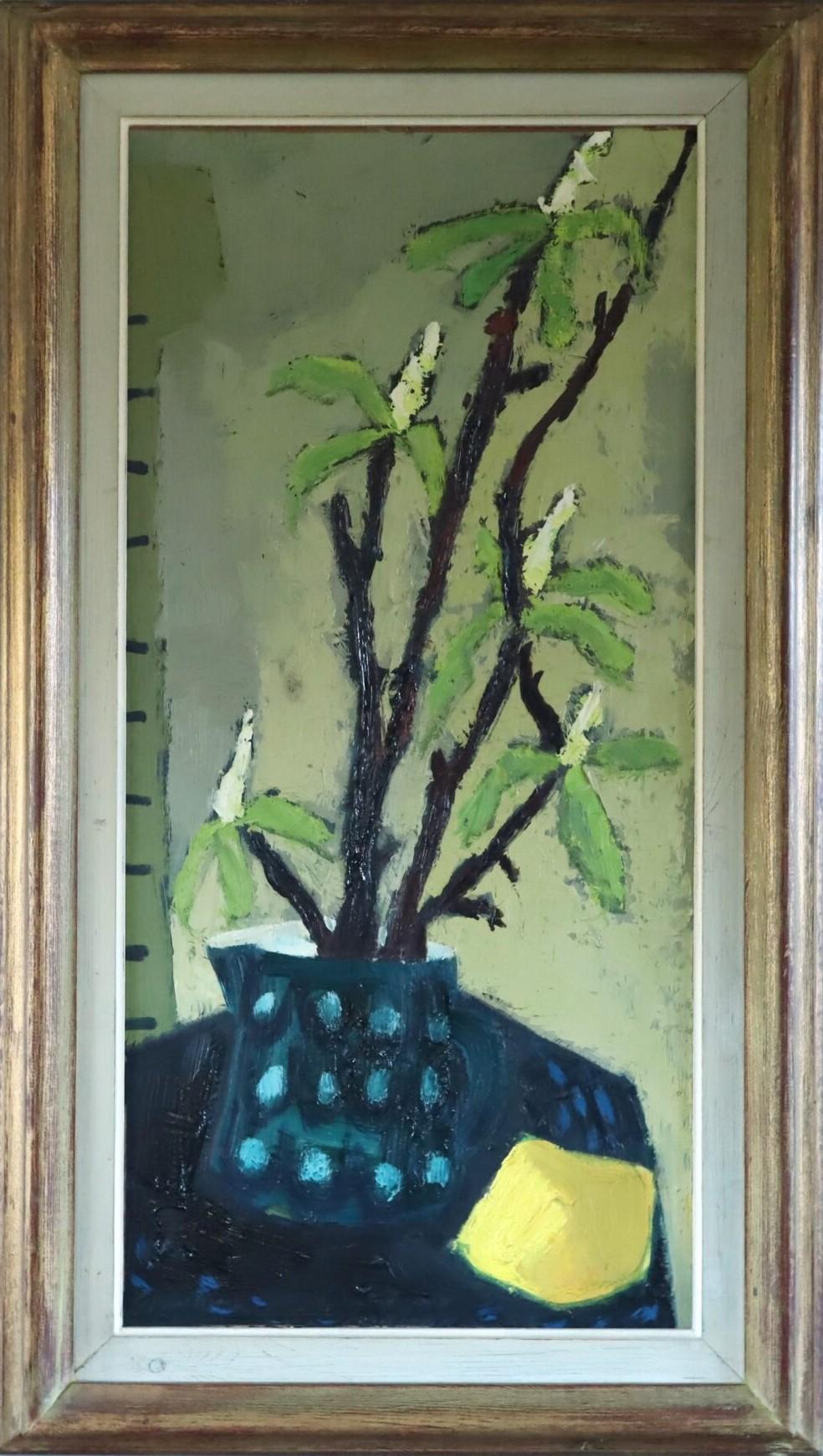 Vintage Mid-Century Modern Still Life Oil Painting - Branches in a Blue Vase