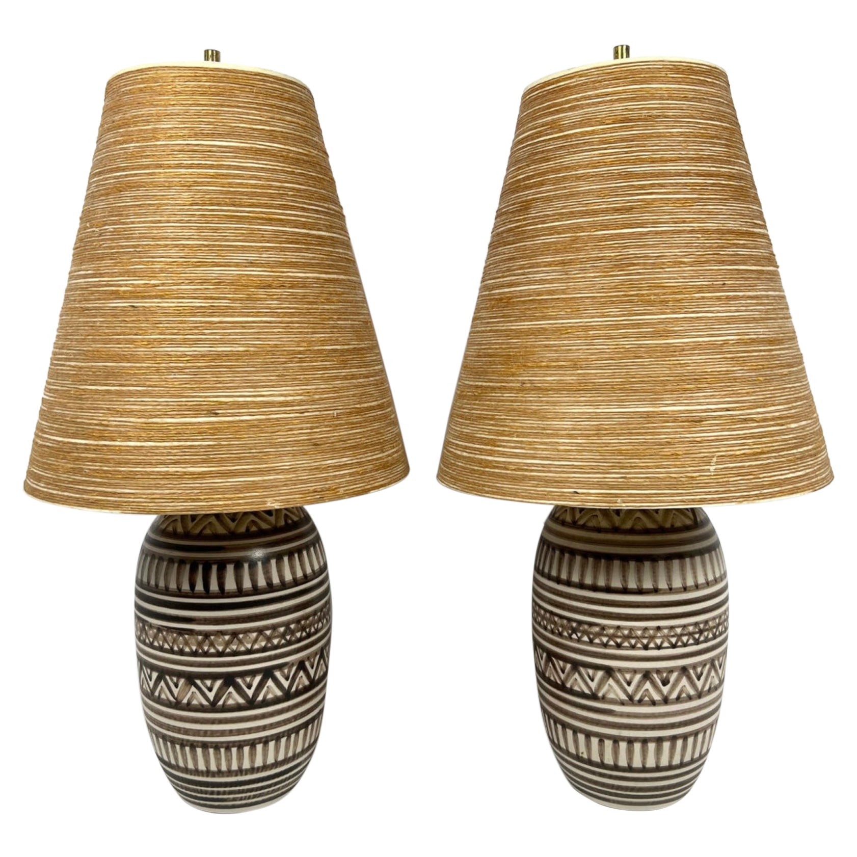 Gunnar & Lotte Bostlund Glazed Ceramic Lamps Painted by Lisa Bostlund