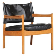 Gunnar Myrstrand Easy Chair of Oak and Black Leather by Källemo, Sweden