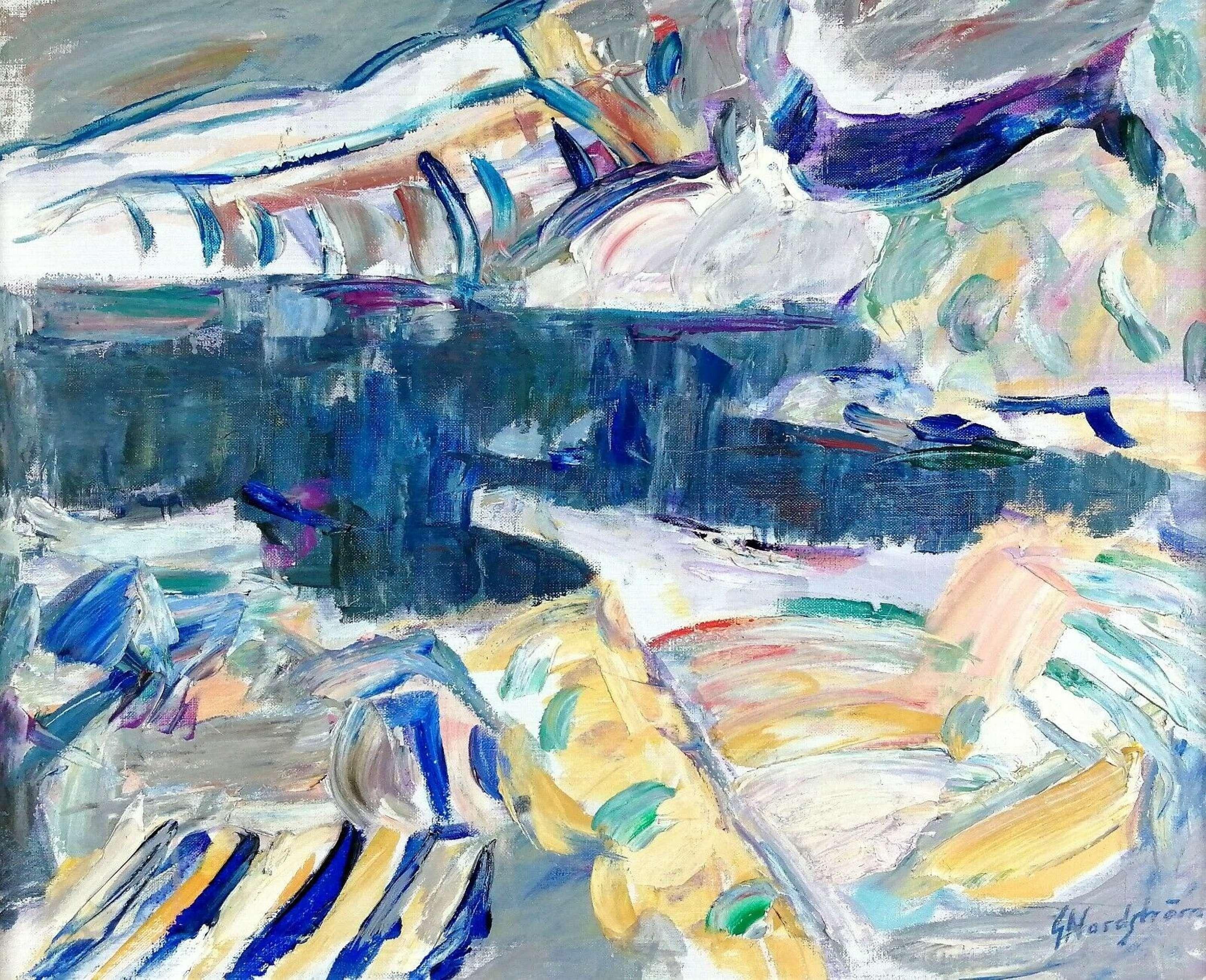 Paesaggio del lago d'inverno - Pittura astratta moderna svedese su tela di grandi dimensioni - Painting di Gunnar Nordstrom