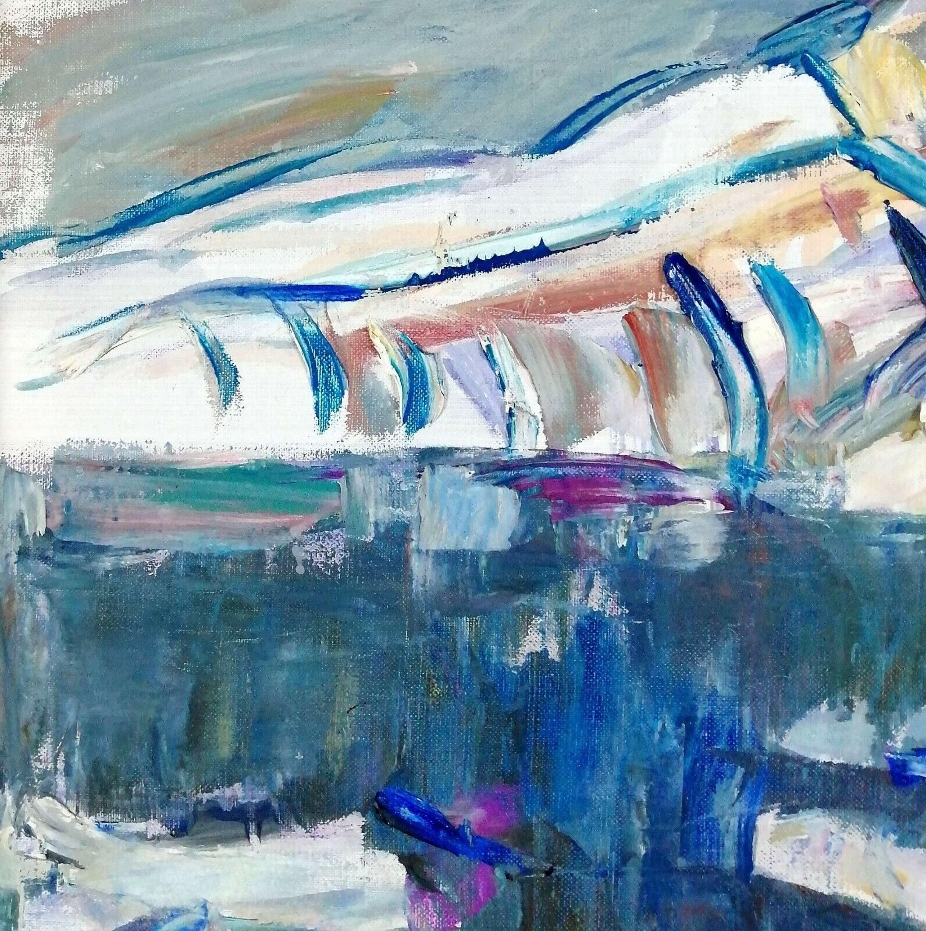 Paesaggio del lago d'inverno - Pittura astratta moderna svedese su tela di grandi dimensioni in vendita 1