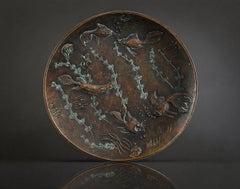 Gunnar Nylund Art Deco Bronze Tray / Plate with Aquatic Motif, Sweden, 1930's