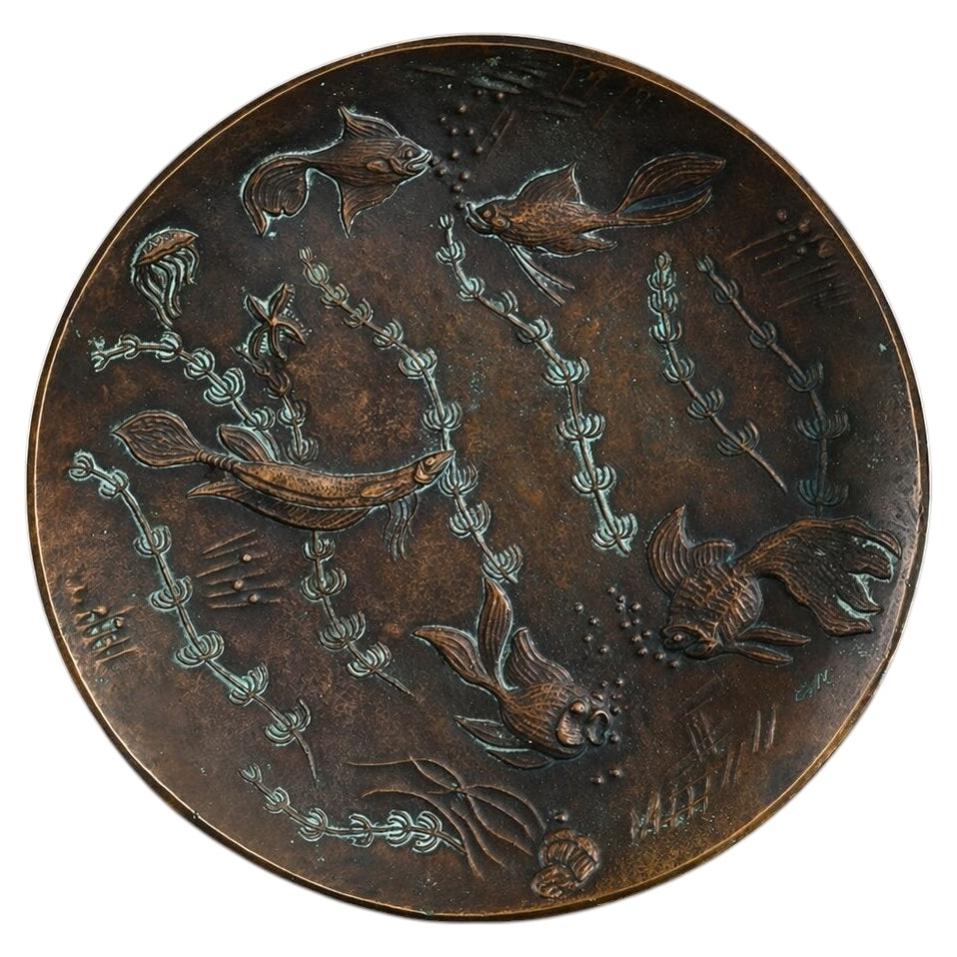 Gunnar Nylund Art Deco Bronze Tray / Plate with Aquatic Motif, Sweden, 1930's
