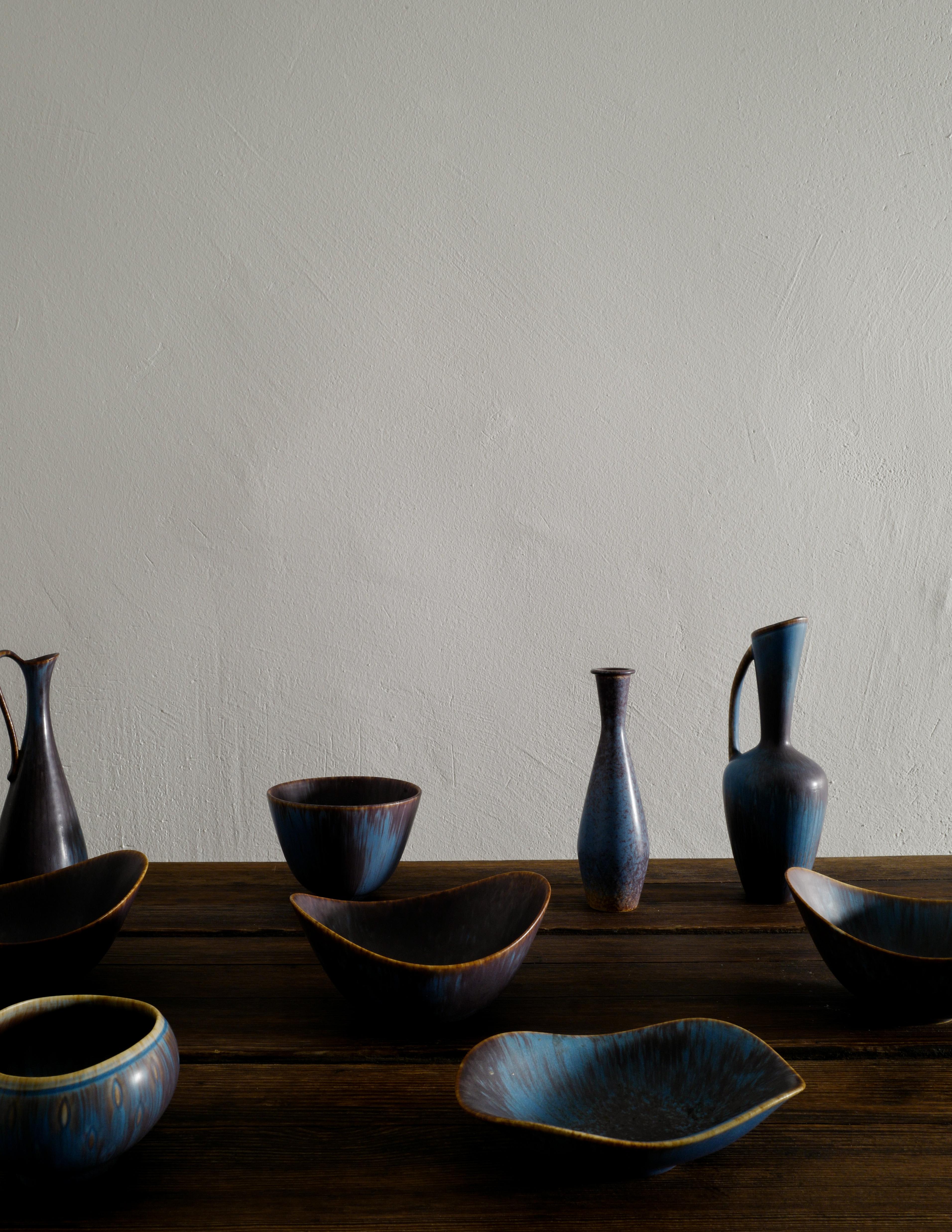 Scandinavian Modern Gunnar Nylund Blue Brown Mid Century Ceramic Vases for Rörstrand Sweden, 1950s For Sale