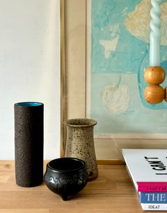 Gunnar Nylund Blue Glaze Raw Chamotte Cylinder Vase, 1960s