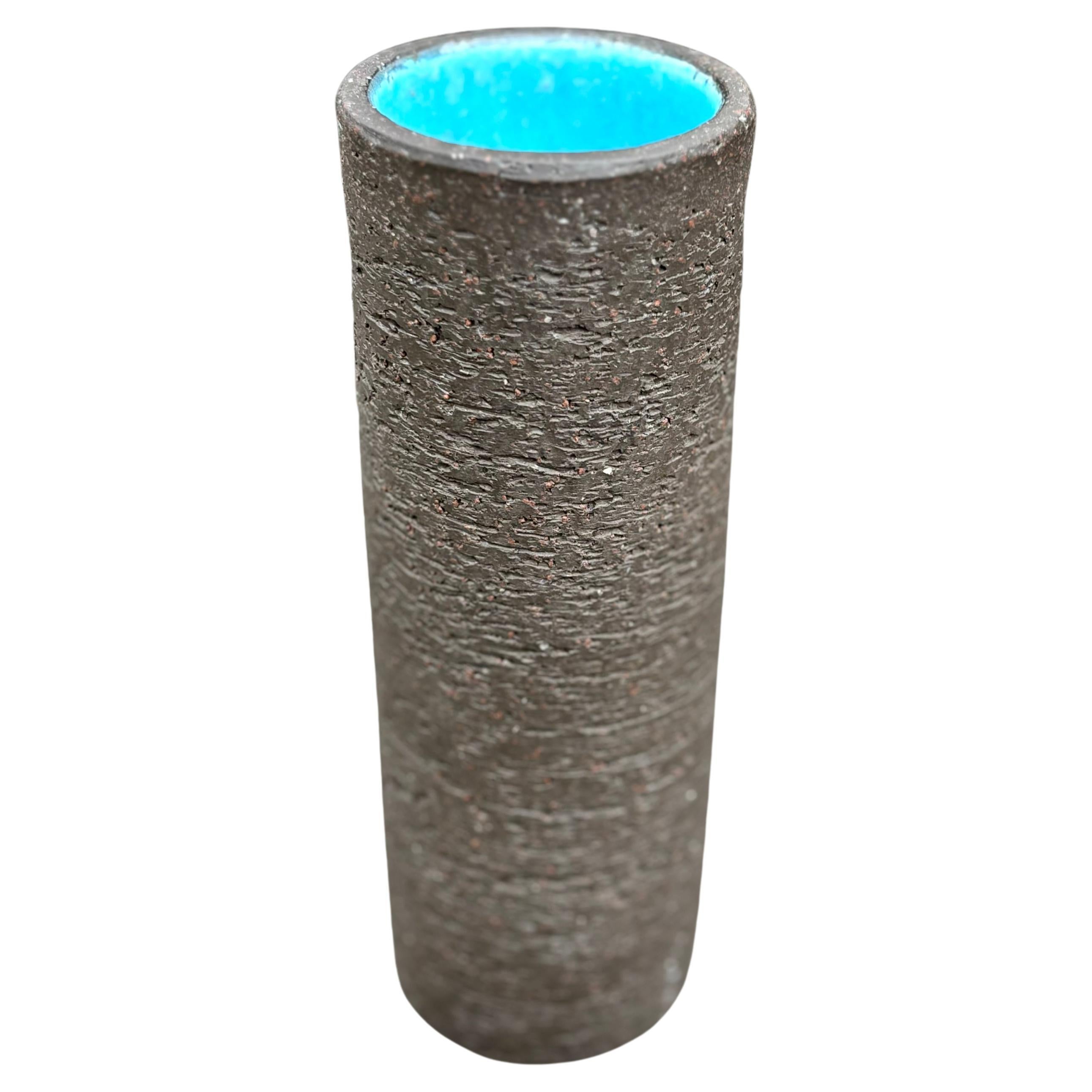Gunnar Nylund Blue Glaze Raw Chamotte Cylinder Vase, 1960s