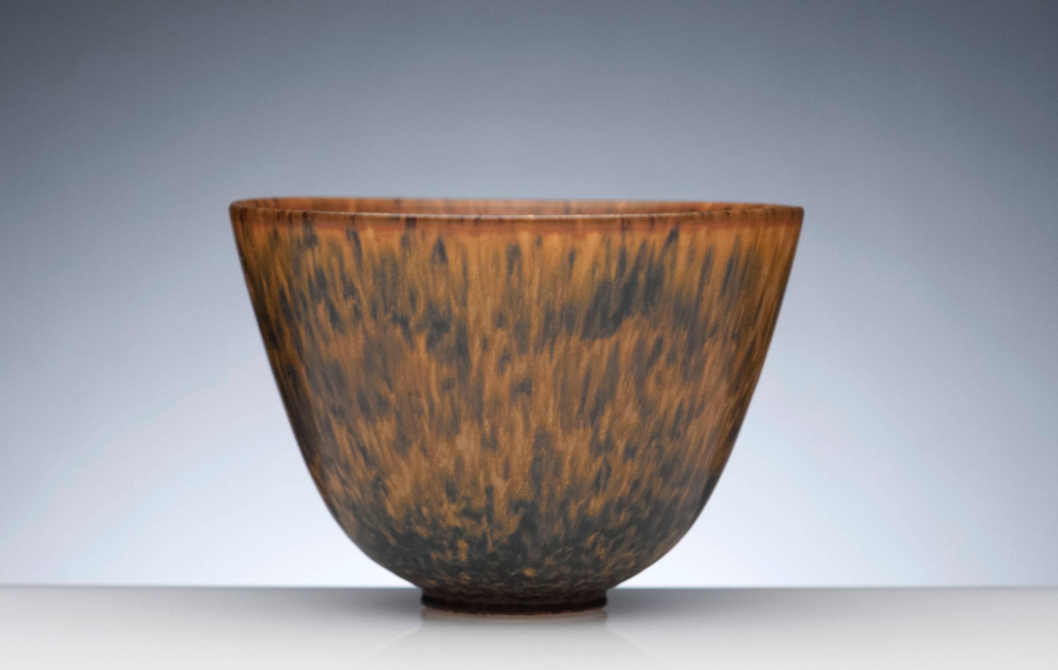 Top quality bowl by Gunnar Nylund (1904-1997) of Sweden. This is a beautiful example of Nylund's haresfur glaze. Signed to underside.