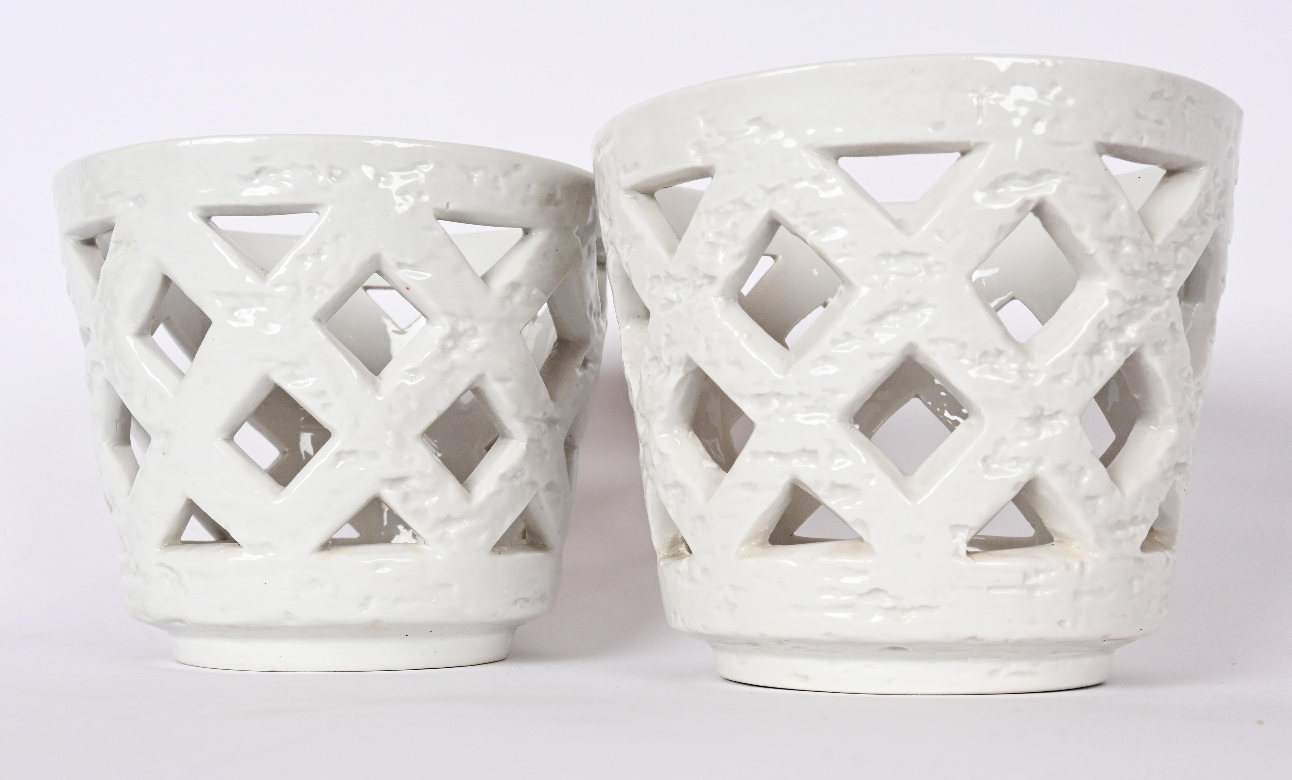 Gunnar Nylund (1904-1977) Ceramic Planters circa. 1930. Made with lattice design work and stamped with a production seal at the bottom.