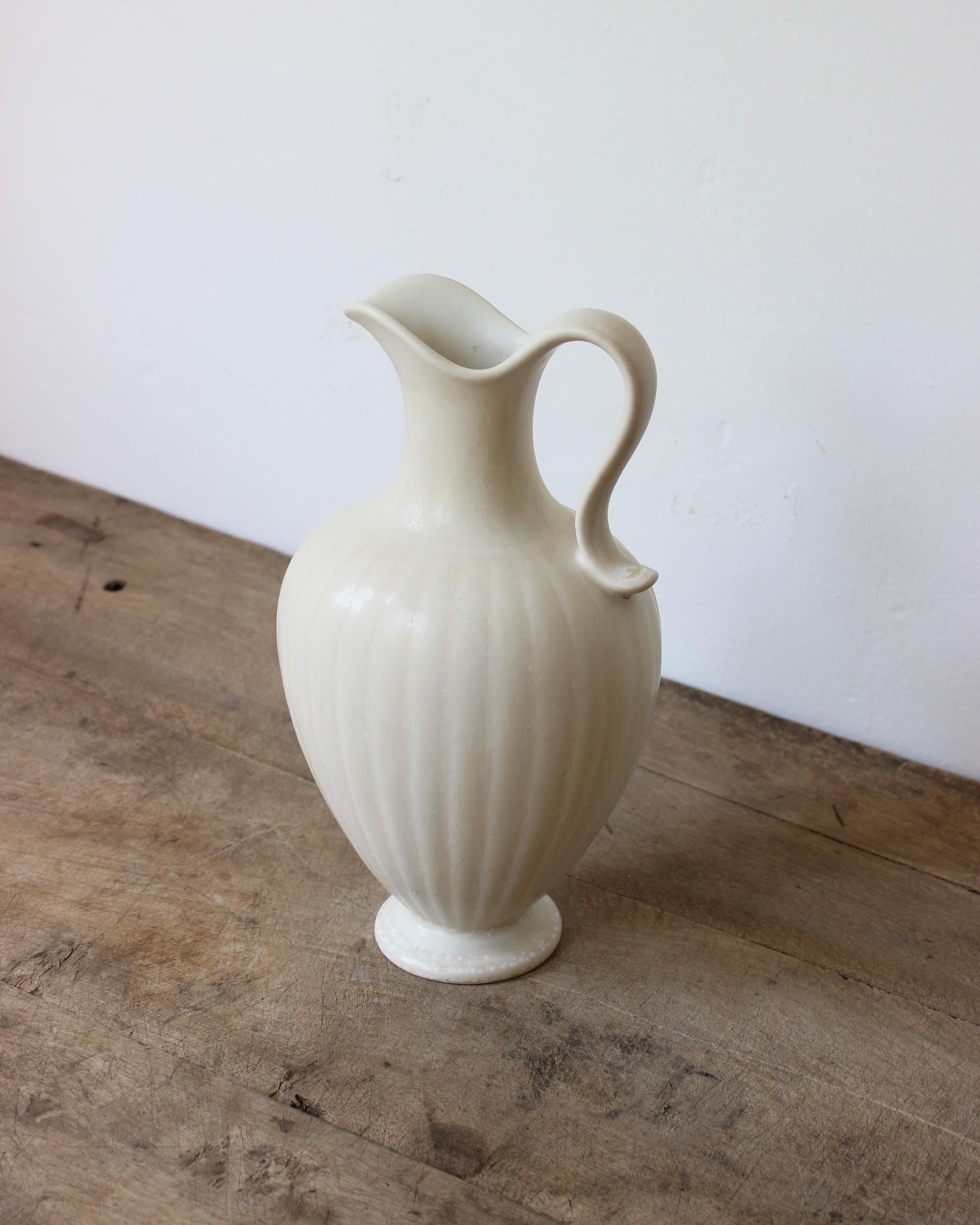 Mid-Century Modern Gunnar Nylund, Eggshell Stoneware Pitcher, Rörstrand, Sweden, 1940s For Sale