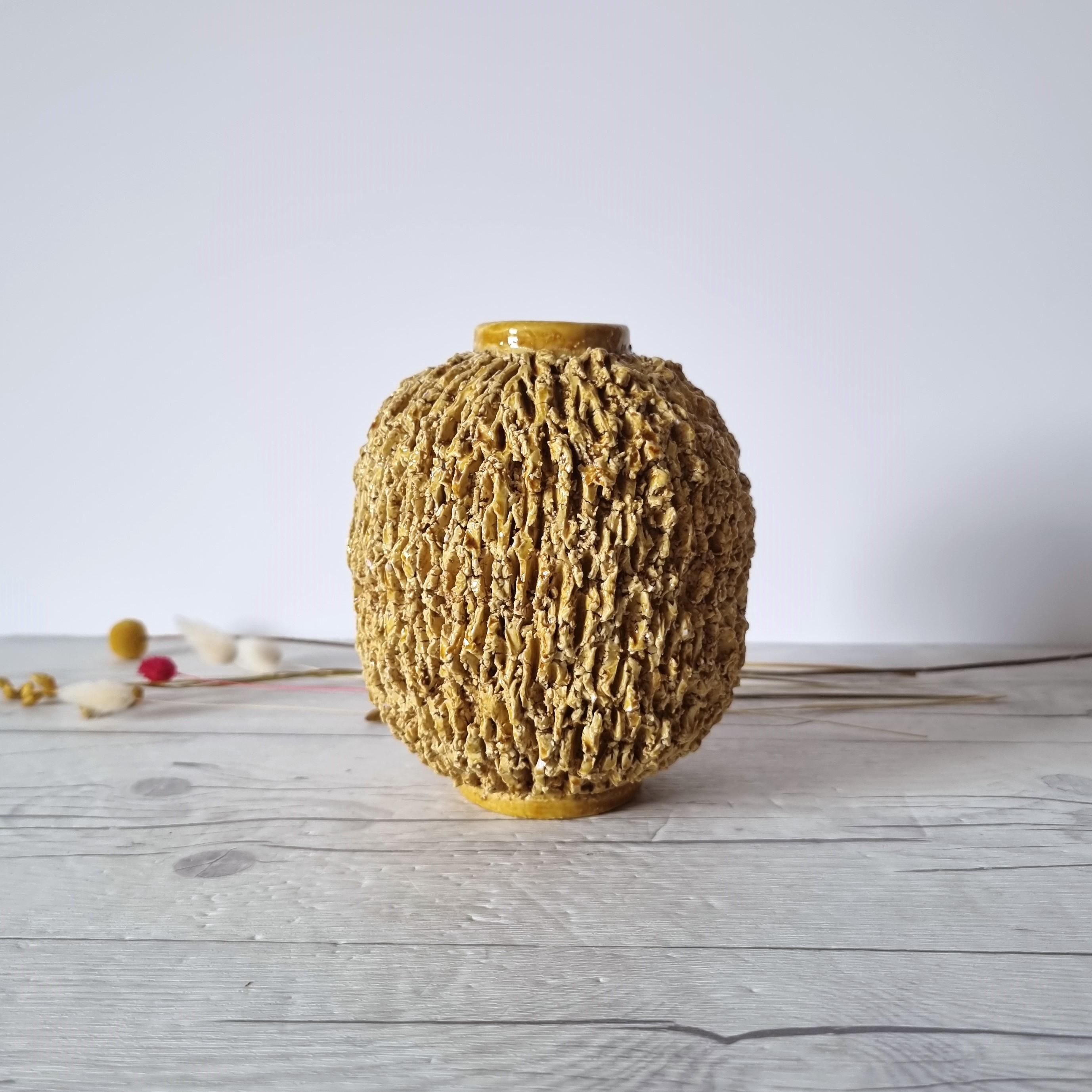 Swedish Gunnar Nylund for Rorstrand, Chamotte 'Hedgehog' Series, Sculpted Topaz Vase For Sale