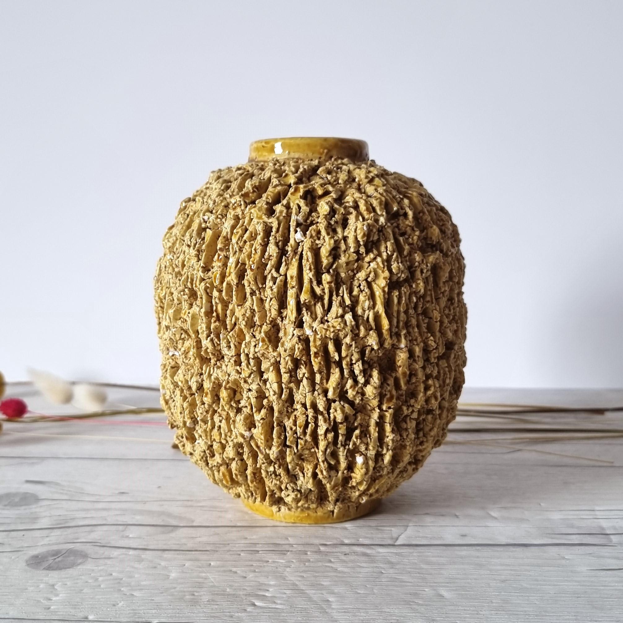 Glazed Gunnar Nylund for Rorstrand, Chamotte 'Hedgehog' Series, Sculpted Topaz Vase For Sale