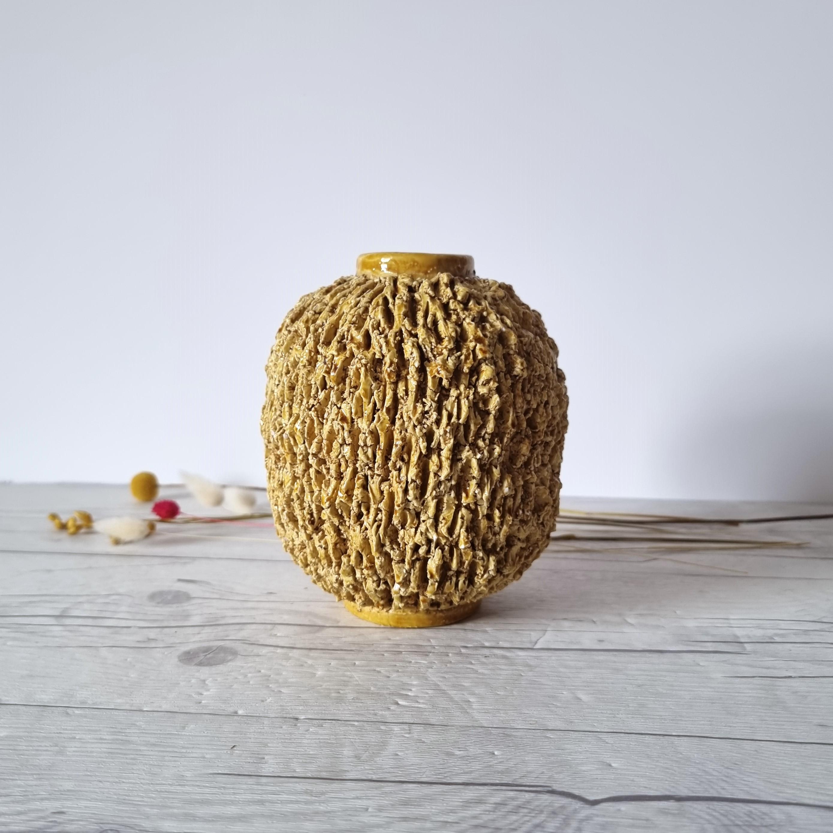 Ceramic Gunnar Nylund for Rorstrand, Chamotte 'Hedgehog' Series, Sculpted Topaz Vase For Sale