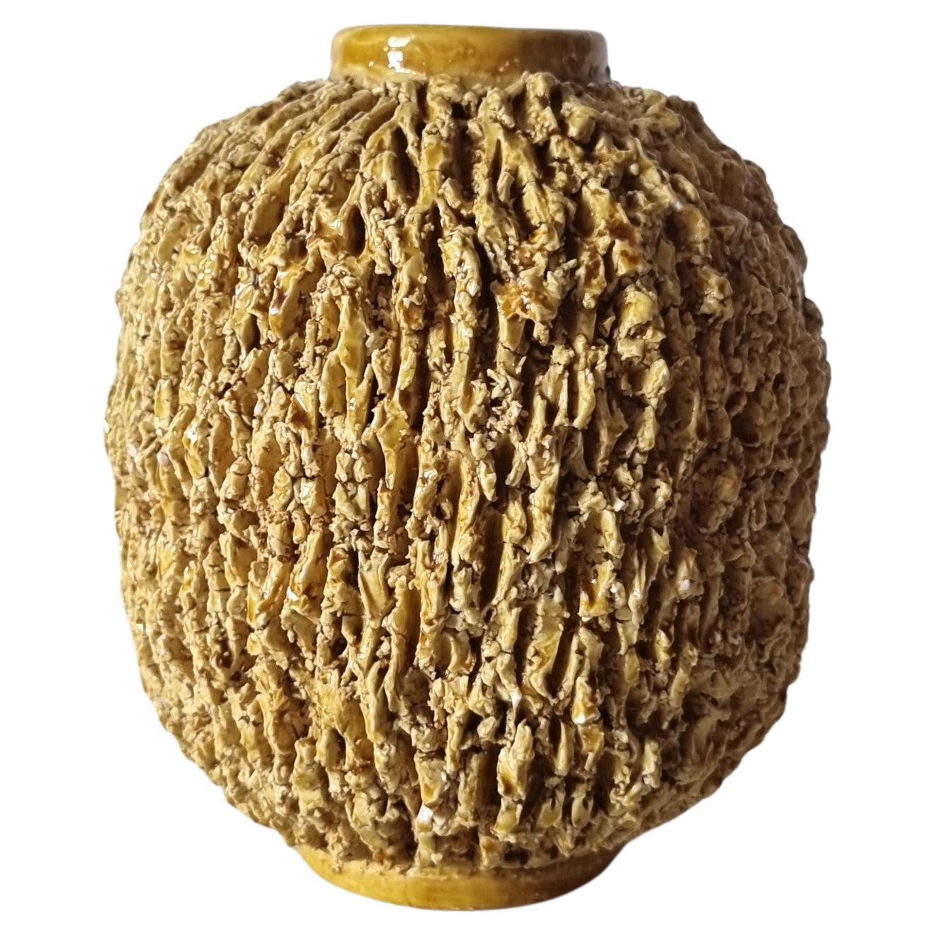 Gunnar Nylund for Rorstrand, Chamotte 'Hedgehog' Series, Sculpted Topaz Vase For Sale