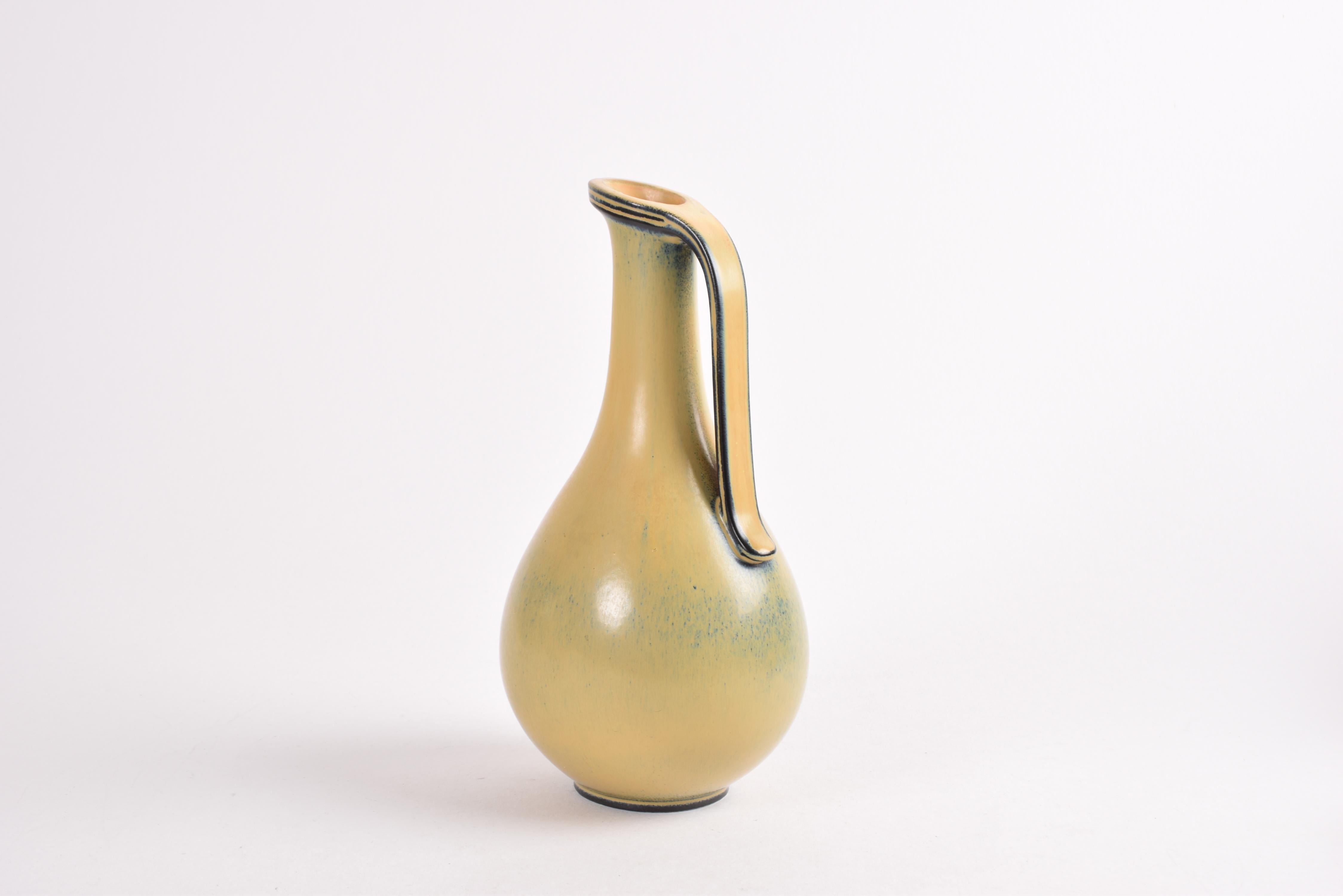 Mid-Century Modern Gunnar Nylund for Rörstrand Handled Vase Yellow Glaze, Scandinavian Mid-Century For Sale