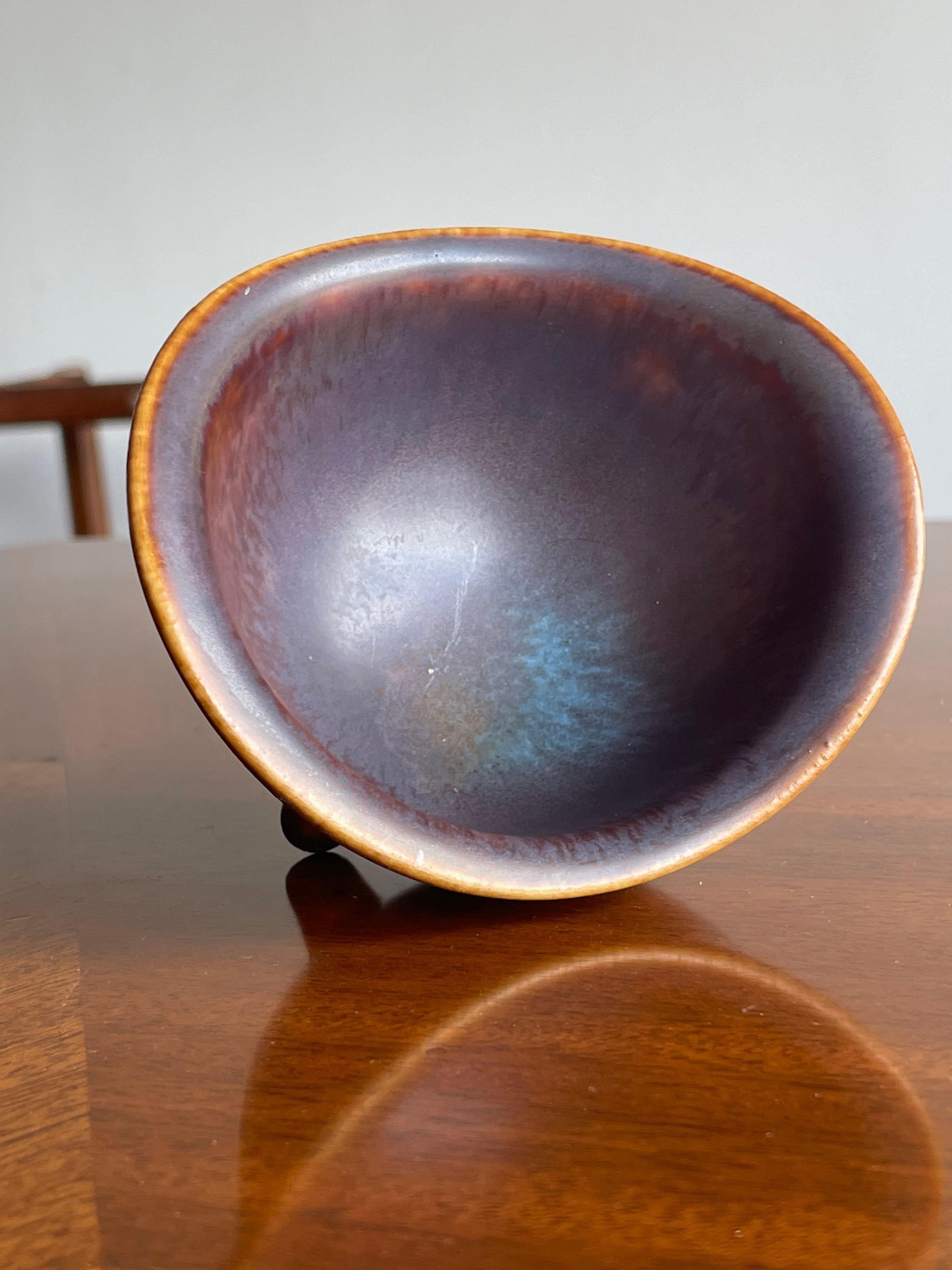 Swedish Gunnar Nylund for Rörstrand Rare Footed Bowl, Stoneware Ceramic Blue and Brown For Sale