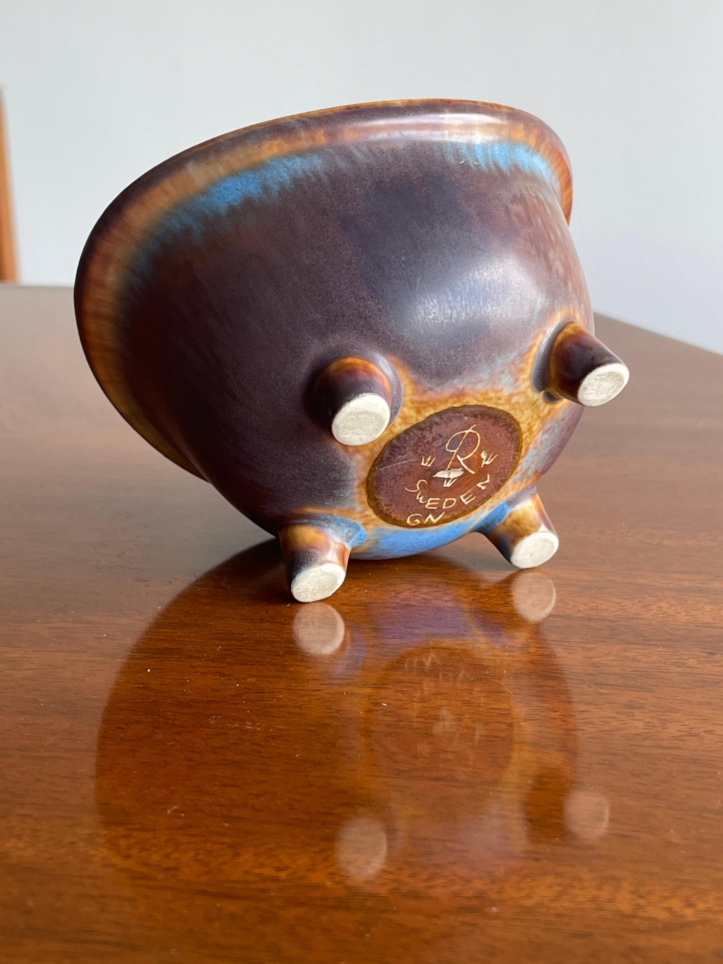 Gunnar Nylund for Rörstrand Rare Footed Bowl, Stoneware Ceramic Blue and Brown In Good Condition For Sale In St.Petersburg, FL