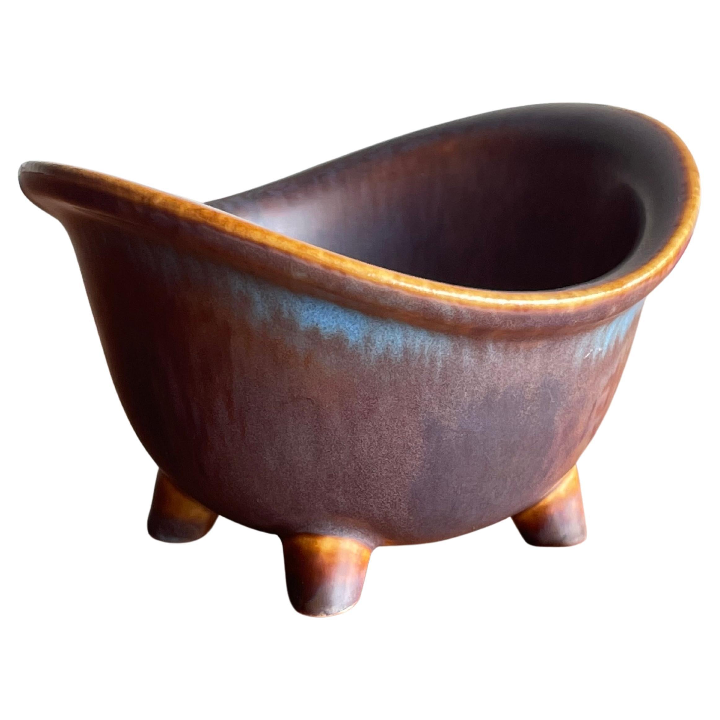 Gunnar Nylund for Rörstrand Rare Footed Bowl, Stoneware Ceramic Blue and Brown For Sale