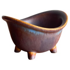 Retro Gunnar Nylund for Rörstrand Rare Footed Bowl, Stoneware Ceramic Blue and Brown