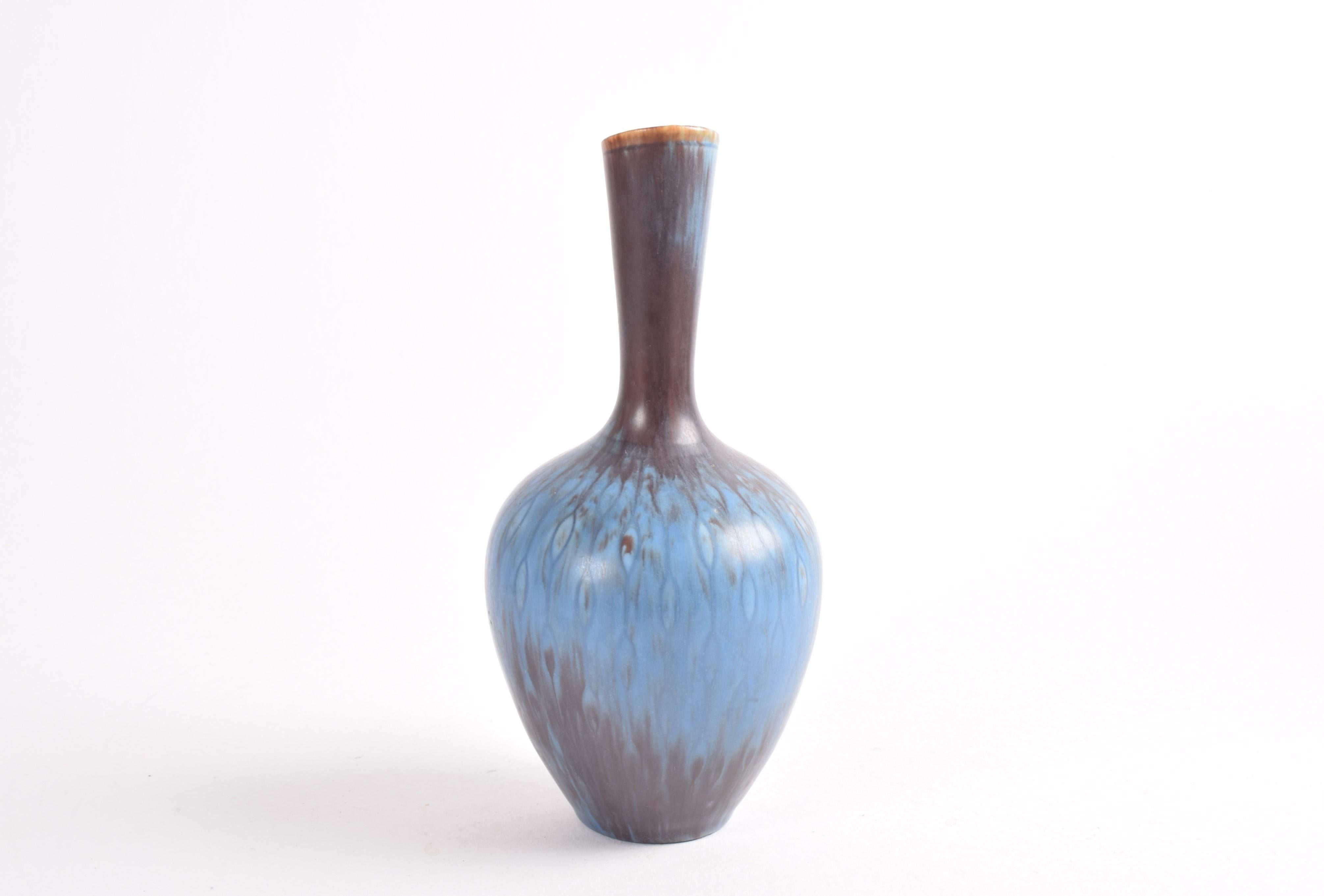 Mid-Century Modern Gunnar Nylund for Rörstrand Sweden Handled Vase Blue Brown, Scandinavian 1950s For Sale