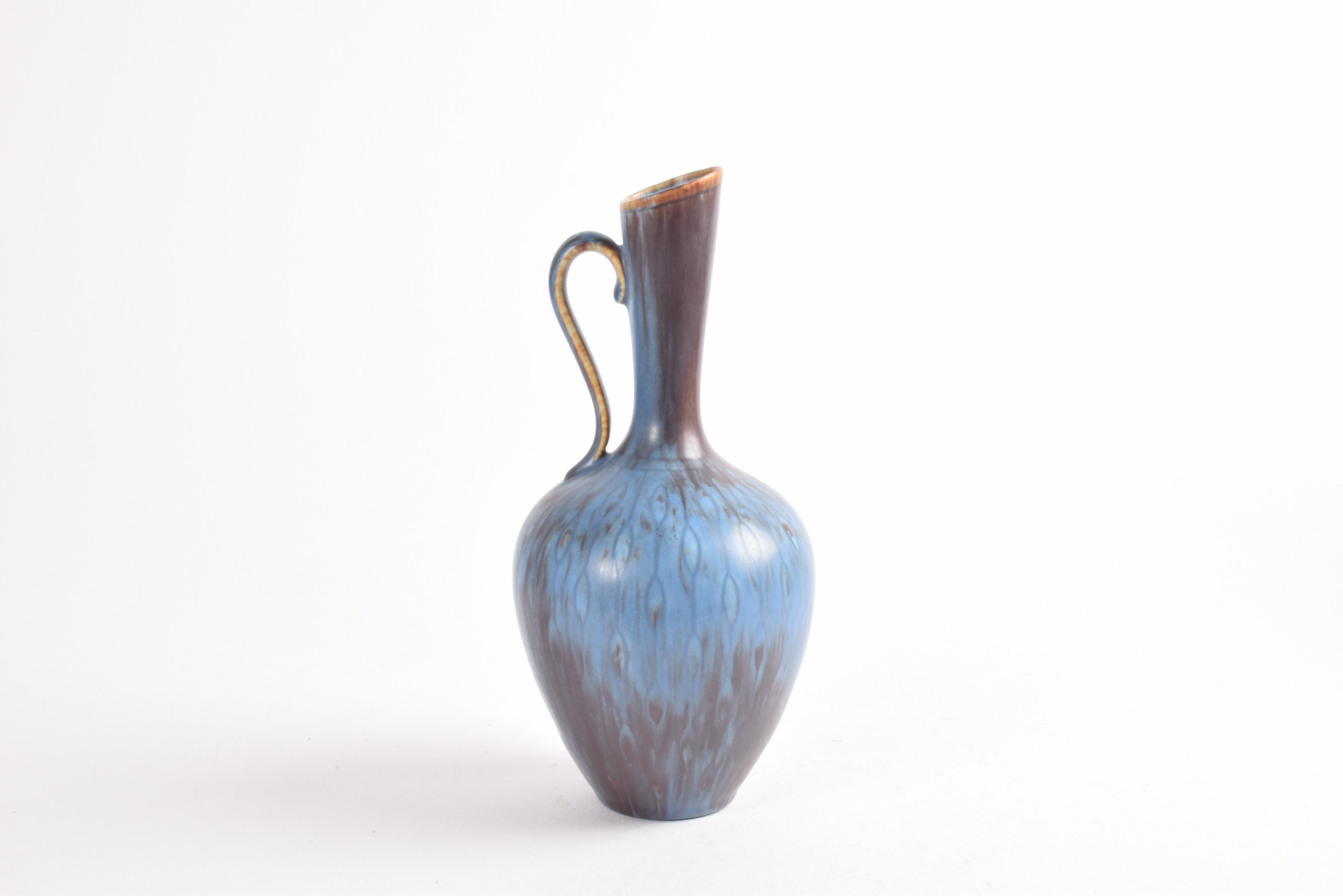 Swedish Gunnar Nylund for Rörstrand Sweden Handled Vase Blue Brown, Scandinavian 1950s For Sale