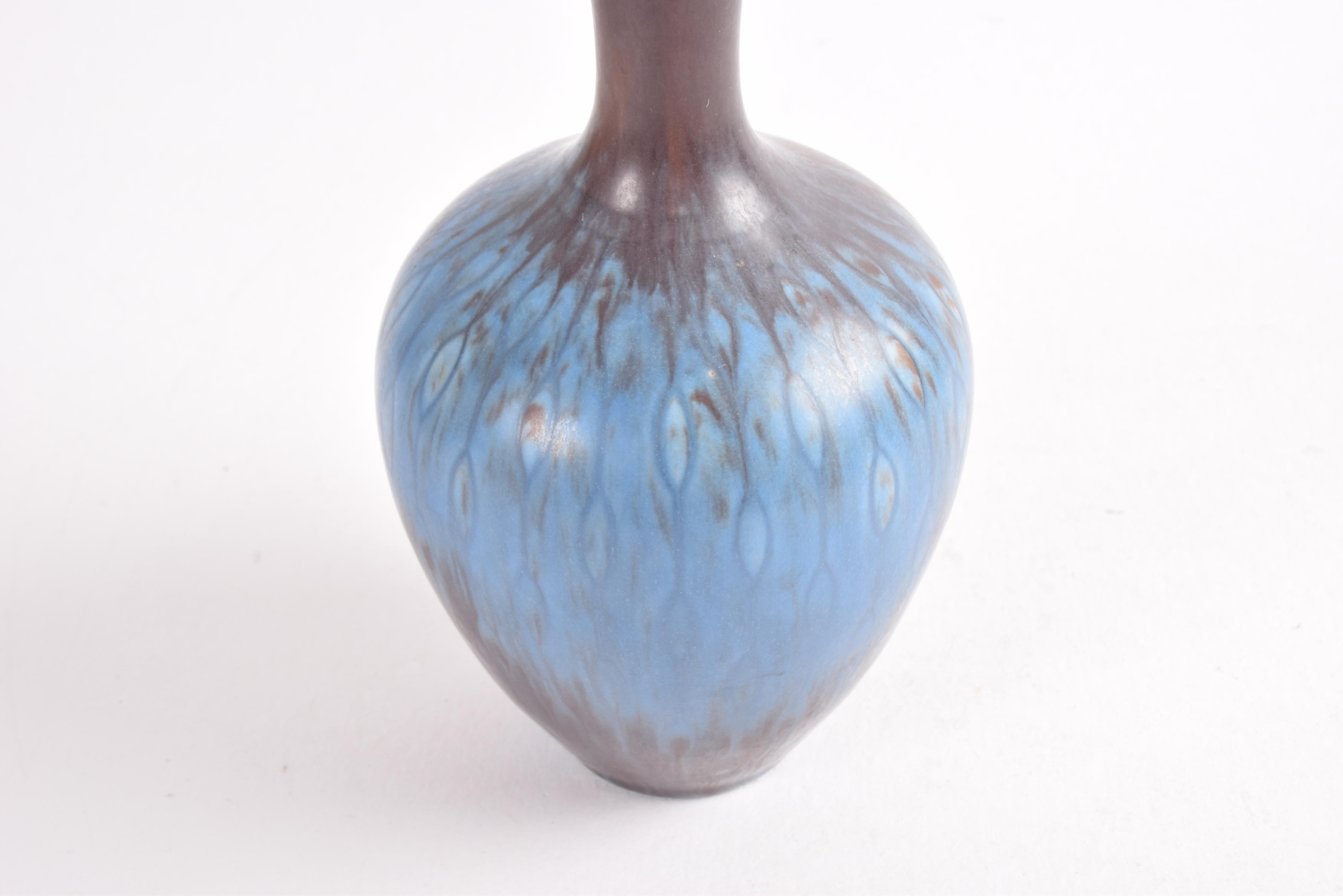 Ceramic Gunnar Nylund for Rörstrand Sweden Handled Vase Blue Brown, Scandinavian 1950s For Sale