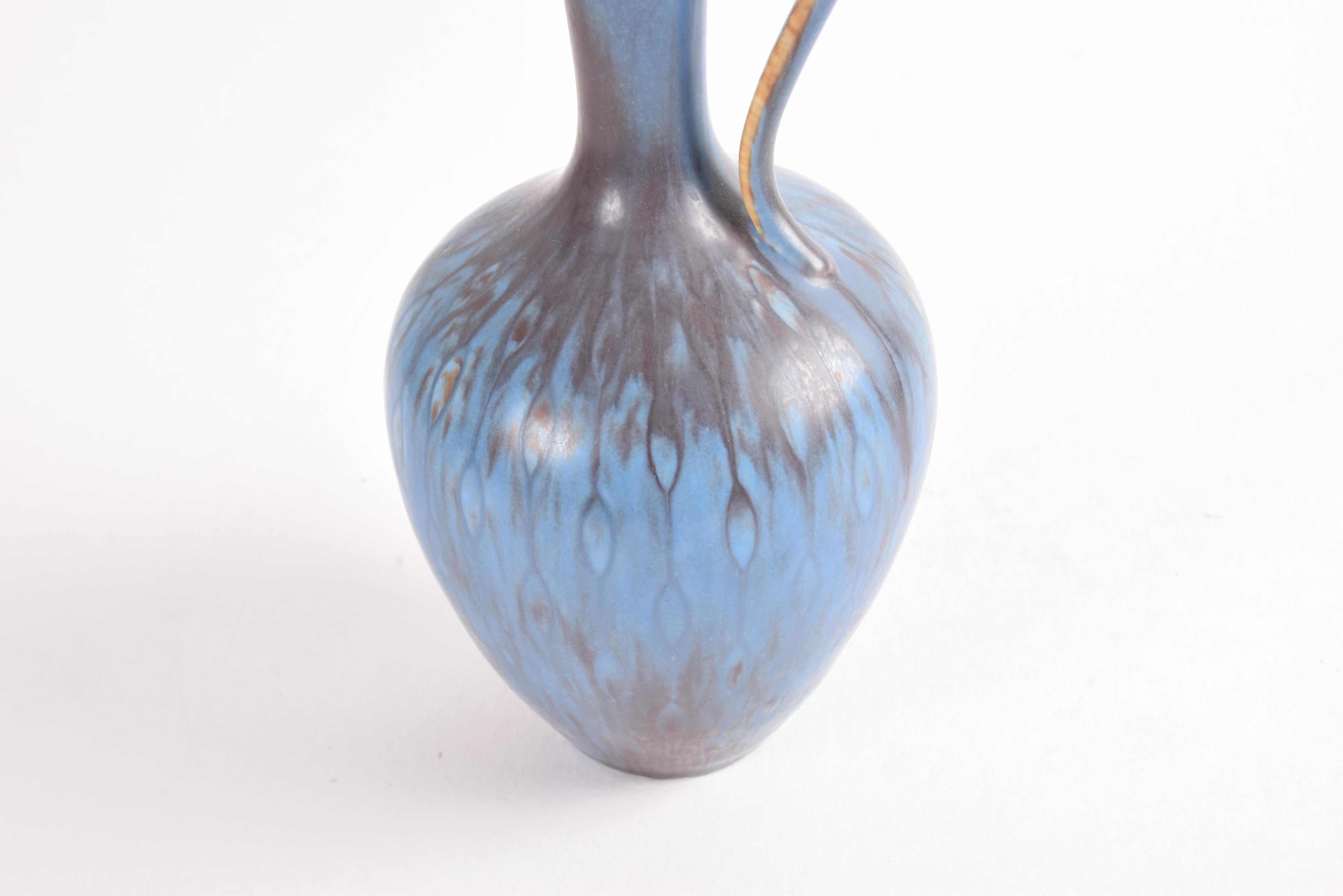 Gunnar Nylund for Rörstrand Sweden Handled Vase Blue Brown, Scandinavian 1950s For Sale 1