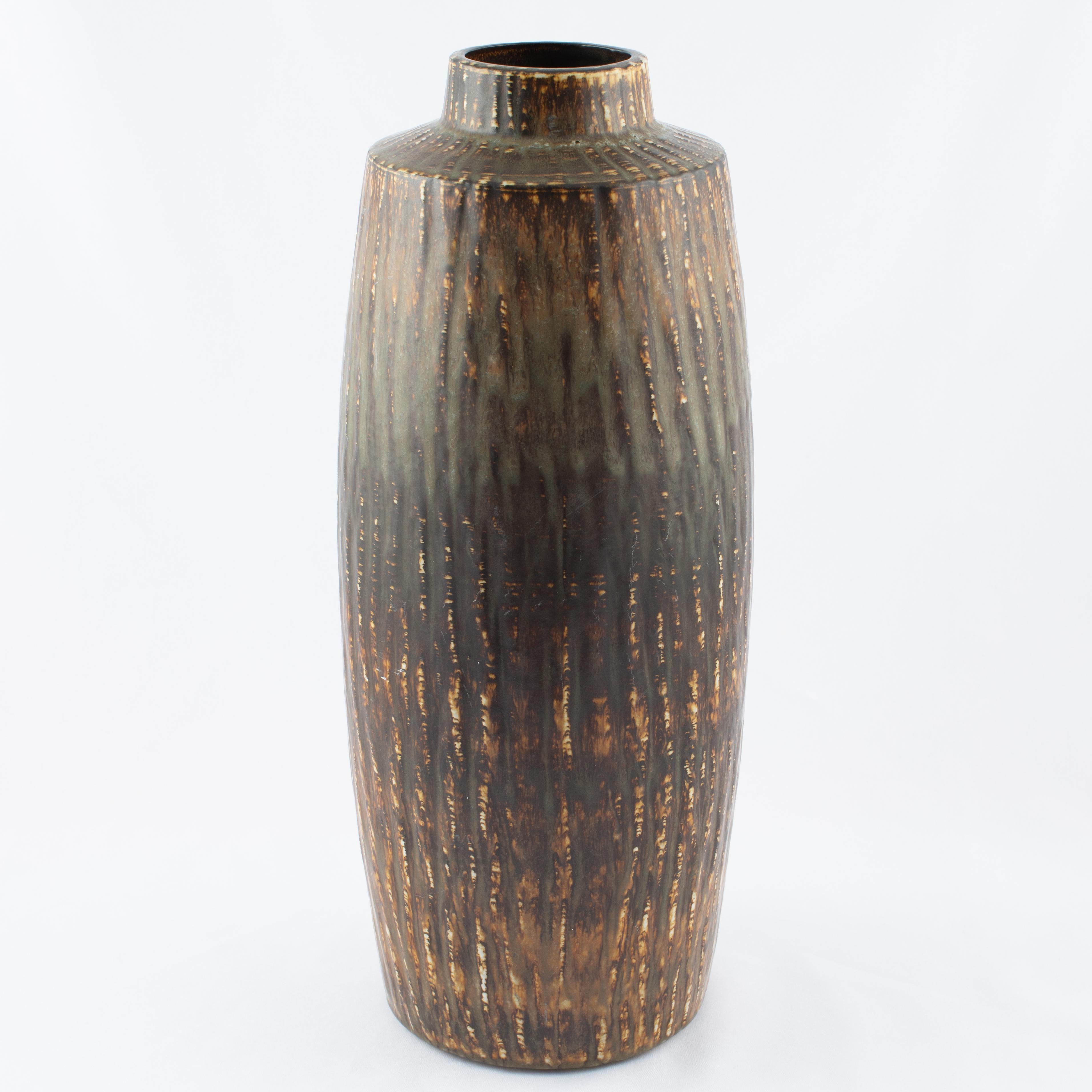 Monumental Gunnar Nylund cylindrical stoneware floor vase with mottled brown and green 