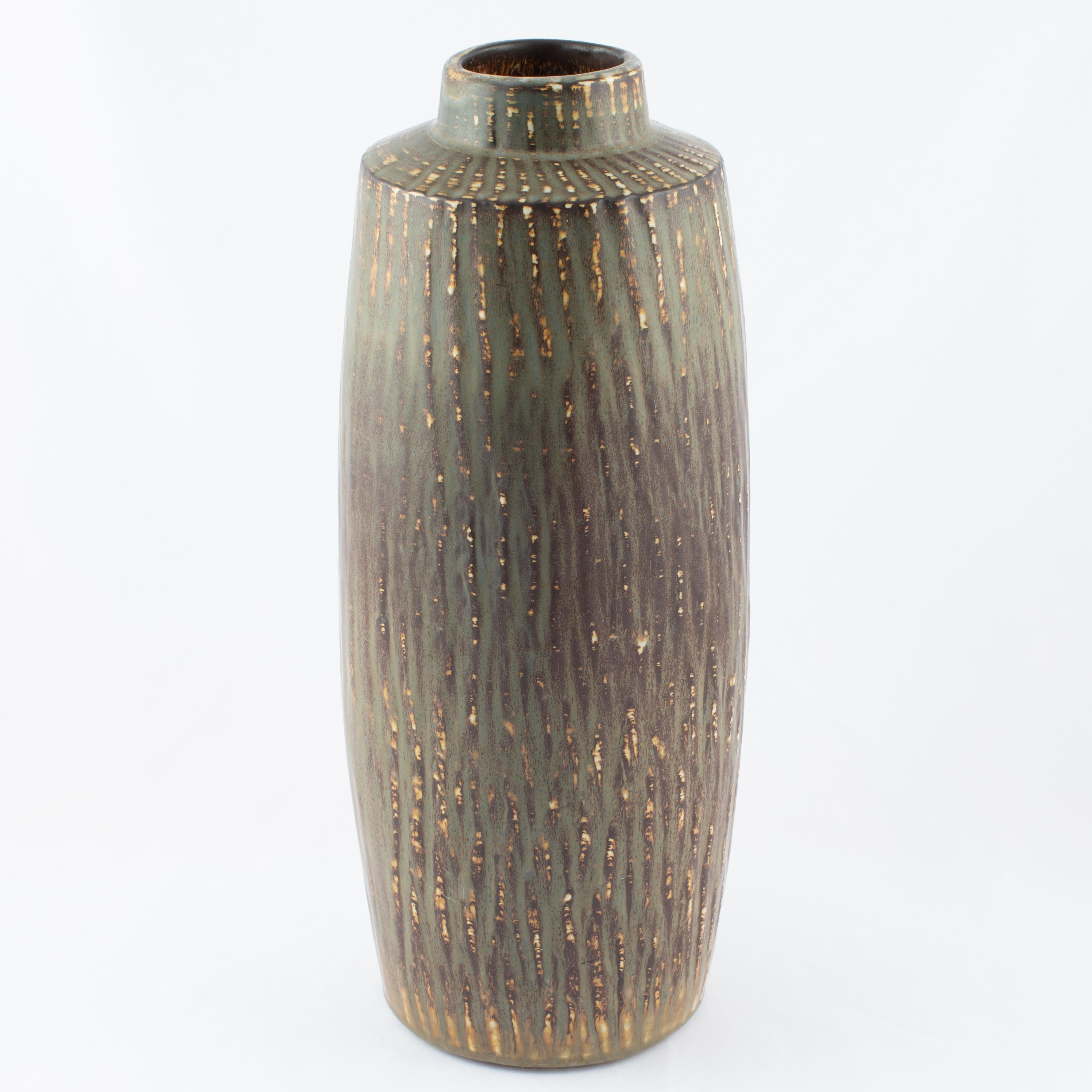 Monumental Gunnar Nylund cylindrical stoneware floor vase with mottled green and brown 
