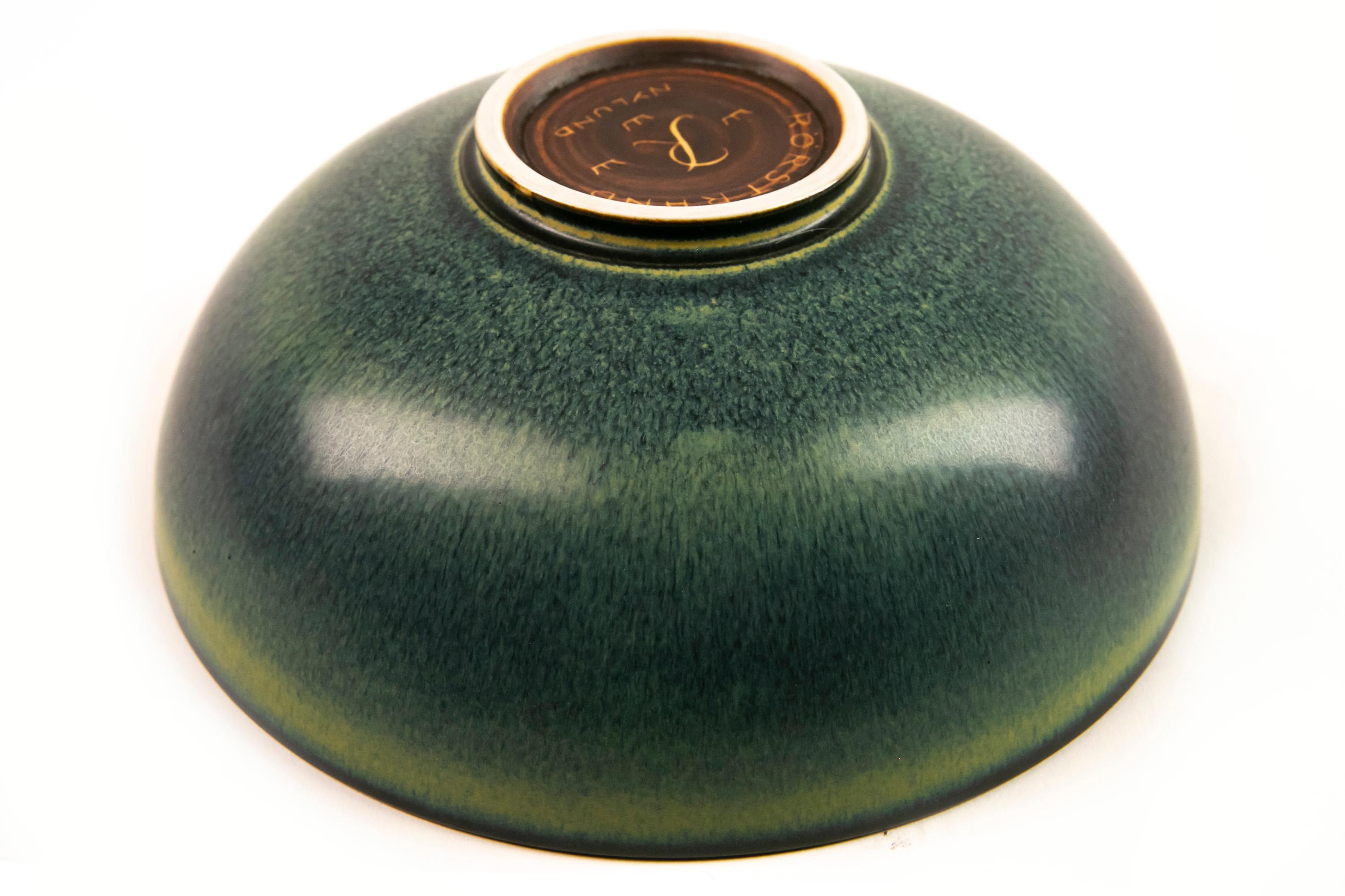 Gunnar Nylund Green Hares Fur Glazed Stoneware Bowl Signed Rörstrand Sweden 1960 For Sale 6