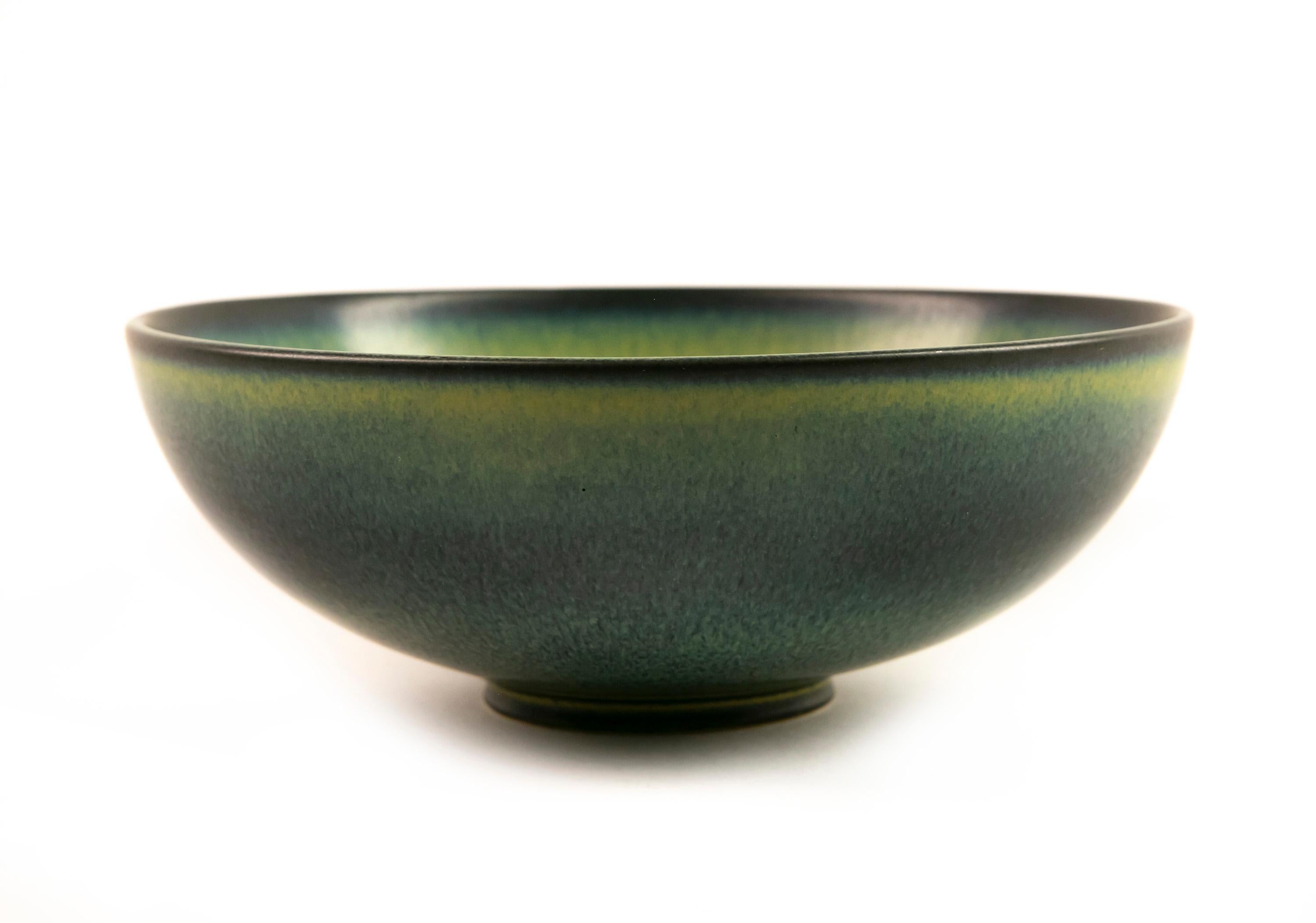 Swedish Gunnar Nylund Green Hares Fur Glazed Stoneware Bowl Signed Rörstrand Sweden 1960