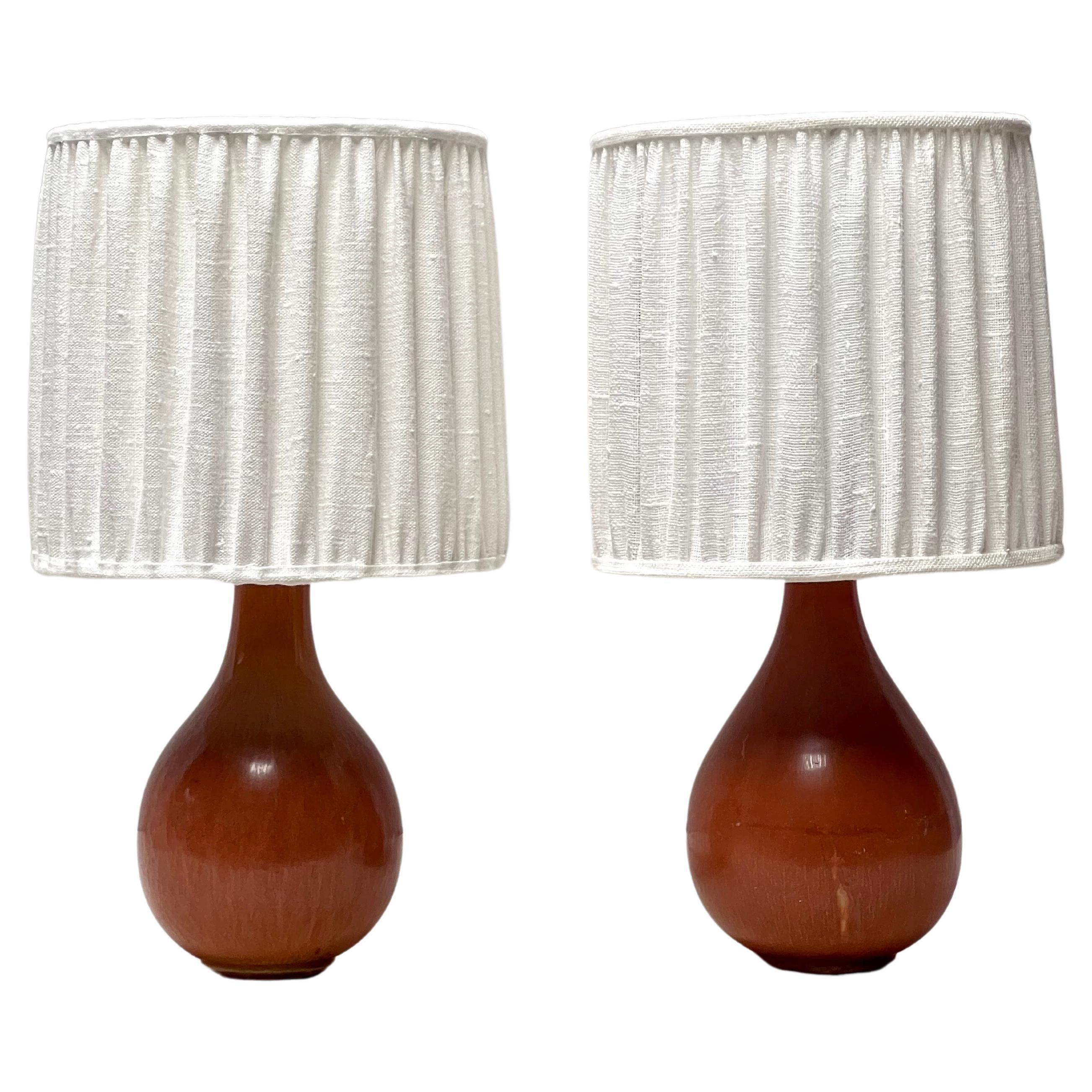 Gunnar Nylund Pair Ceramics Table Lamps, Sweden 1940 New Belgian Linen Shade