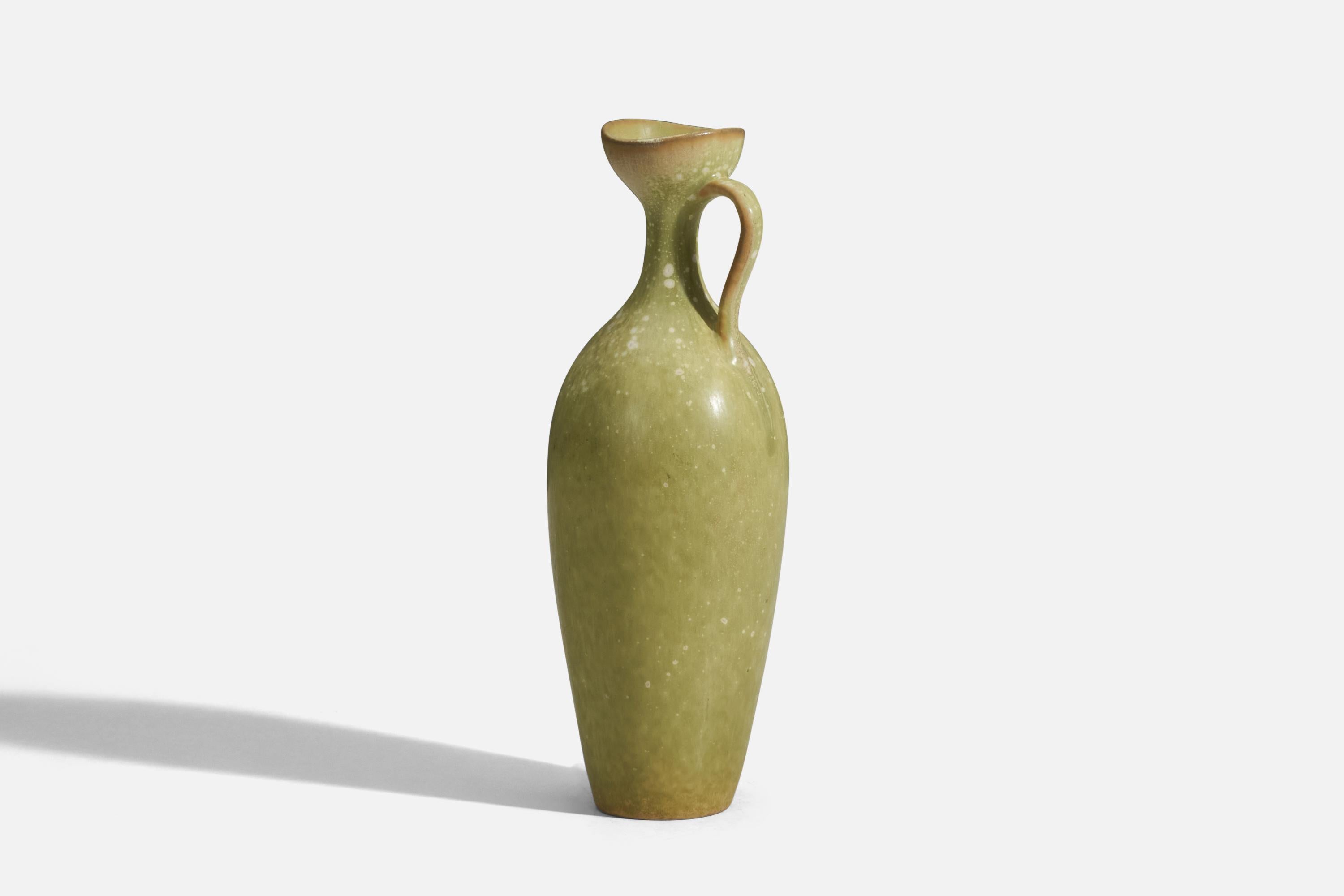 Scandinavian Modern Gunnar Nylund, Pitcher, Green Glazed Stoneware, Rörstrand, Sweden, 1950s For Sale