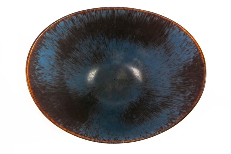 Gunnar Nylund Rörstrand Large Axk Bowl Blue an Ocher Hares Fur Glaze Sweden 1950 For Sale 5