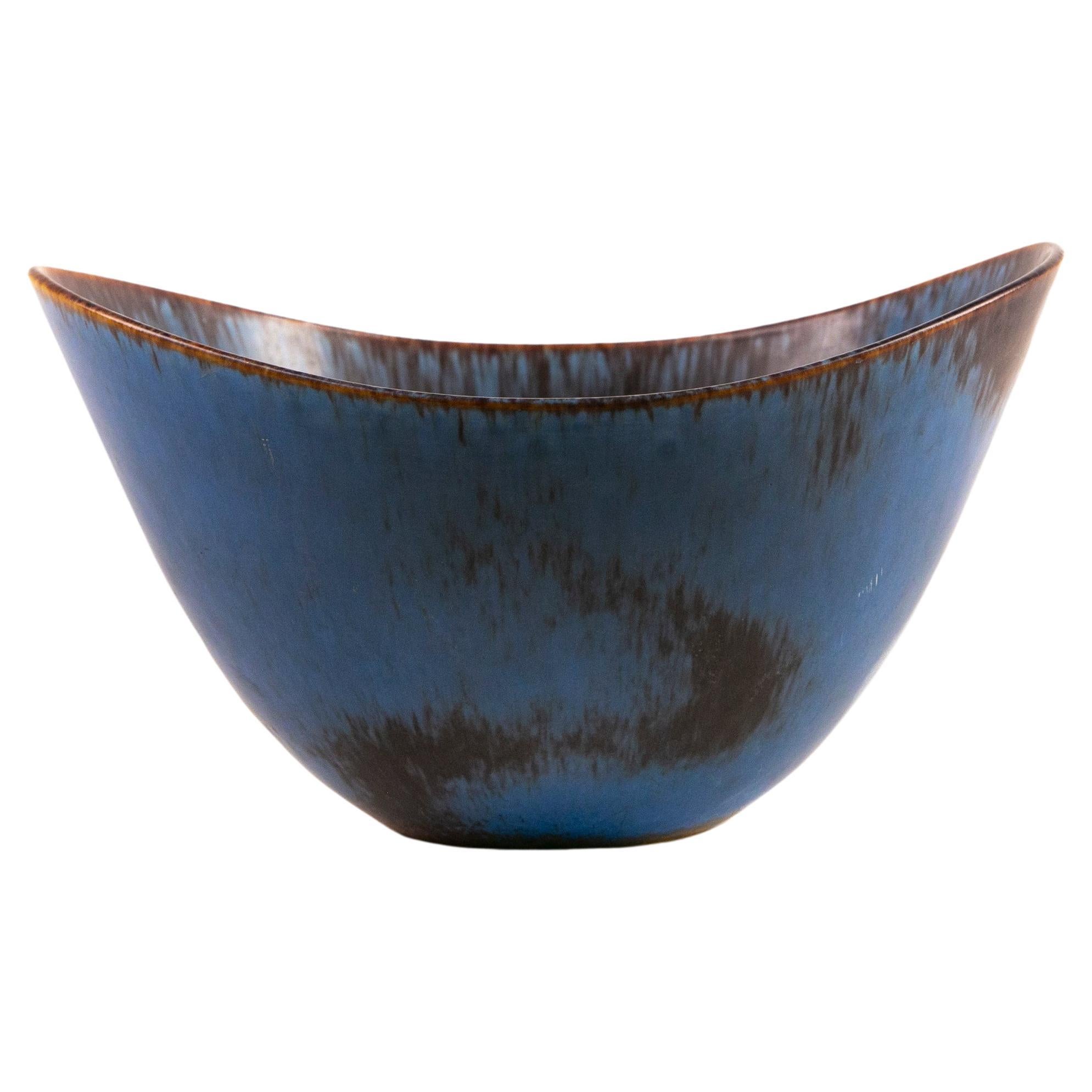 Gunnar Nylund Rörstrand Large Axk Bowl Blue an Ocher Hares Fur Glaze Sweden 1950