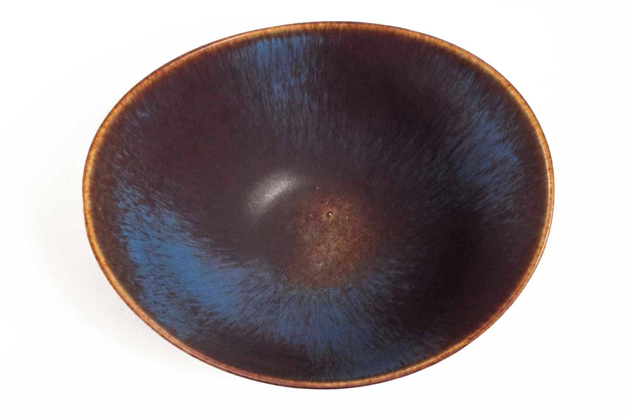 Gunnar Nylund Rörstrand Large Axk Bowl Blue & Ochre Hares Fur Glaze Sweden, 1950 6