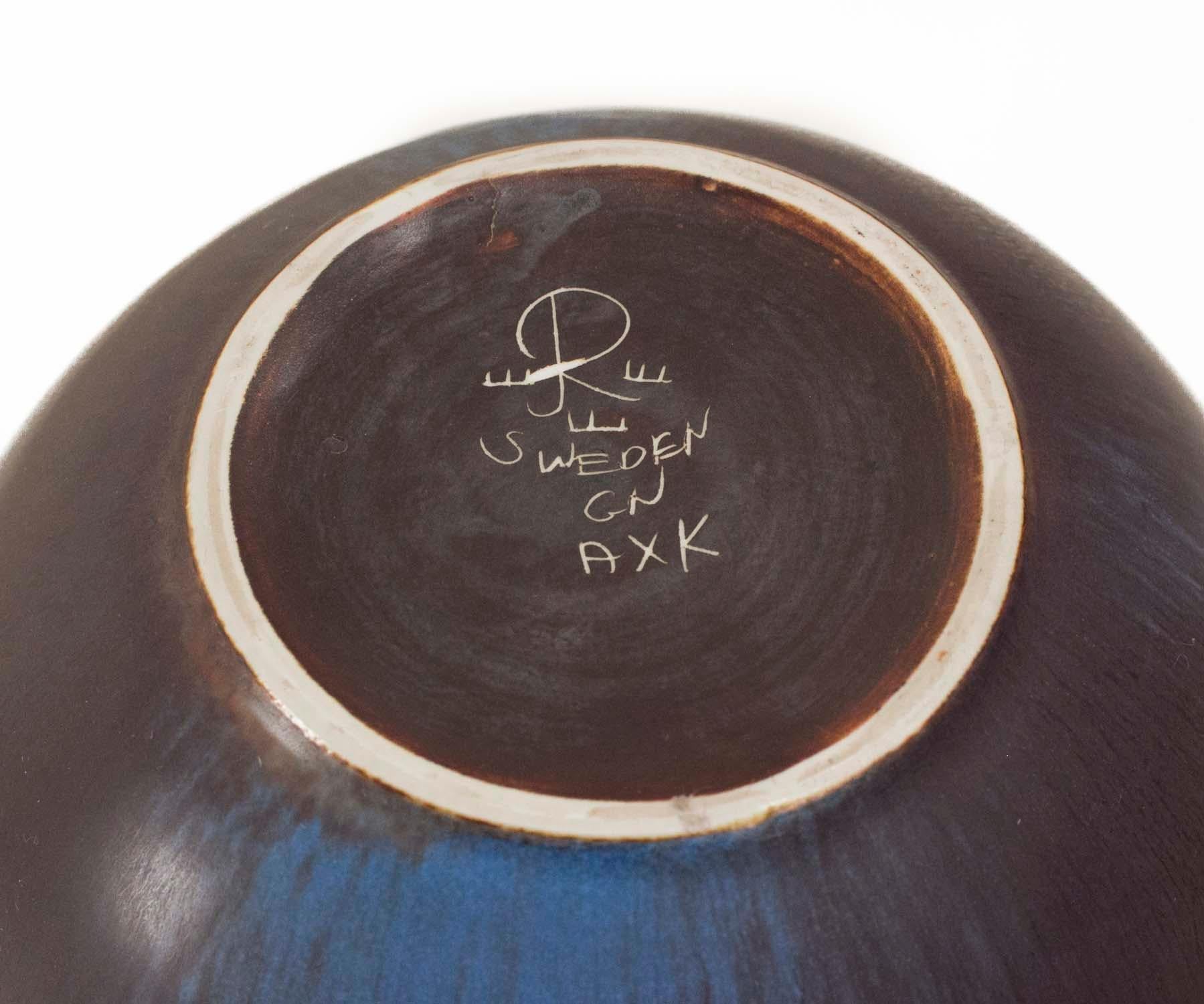 Gunnar Nylund Rörstrand Large Axk Bowl Blue & Ochre Hares Fur Glaze Sweden, 1950 7
