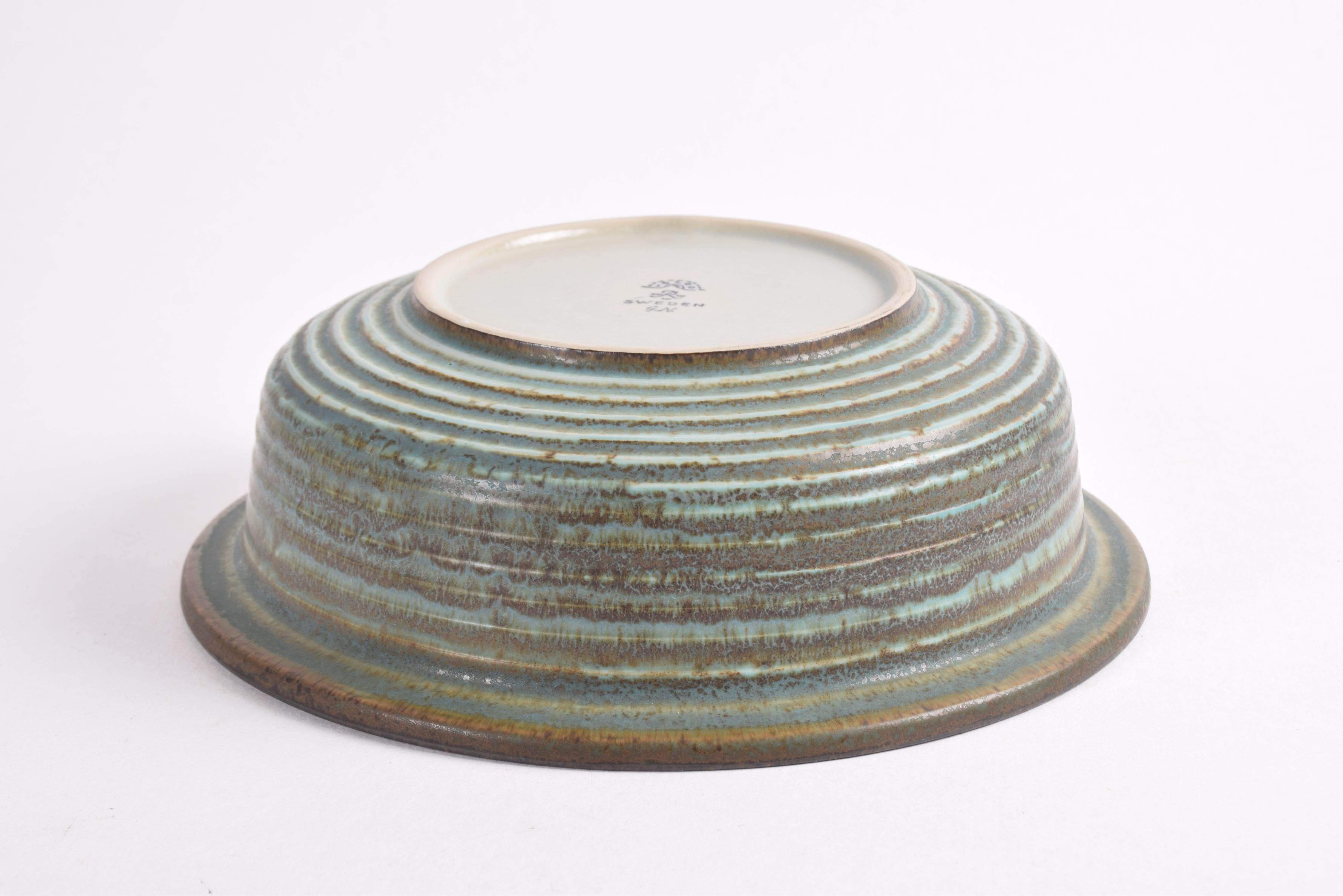 Gunnar Nylund Scandinavian Ceramic Bowl Green Stripes for Rörstrand Sweden 1960s 2