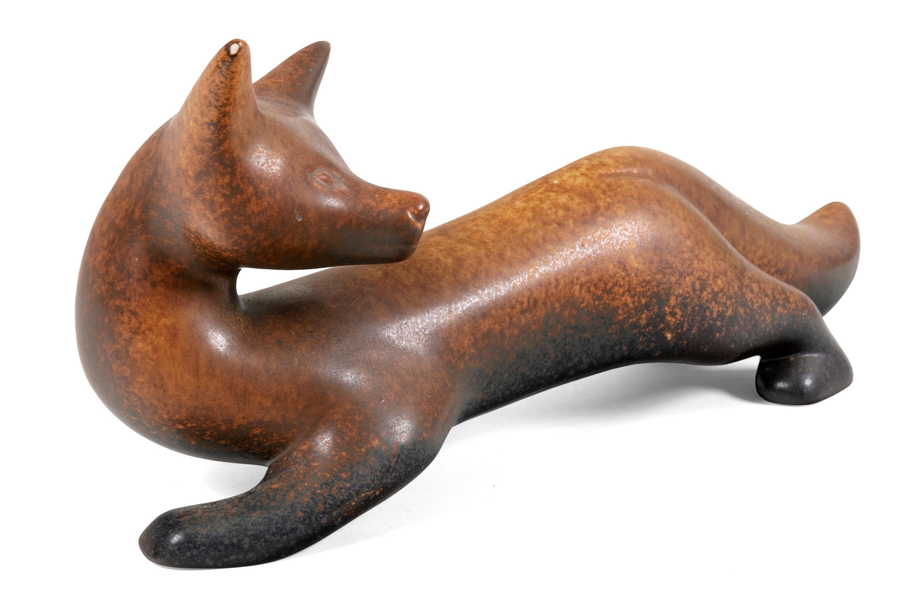 Swedish Gunnar Nylund Signed Brown Stoneware Fox for Rorstrand, Sweden, 1960s