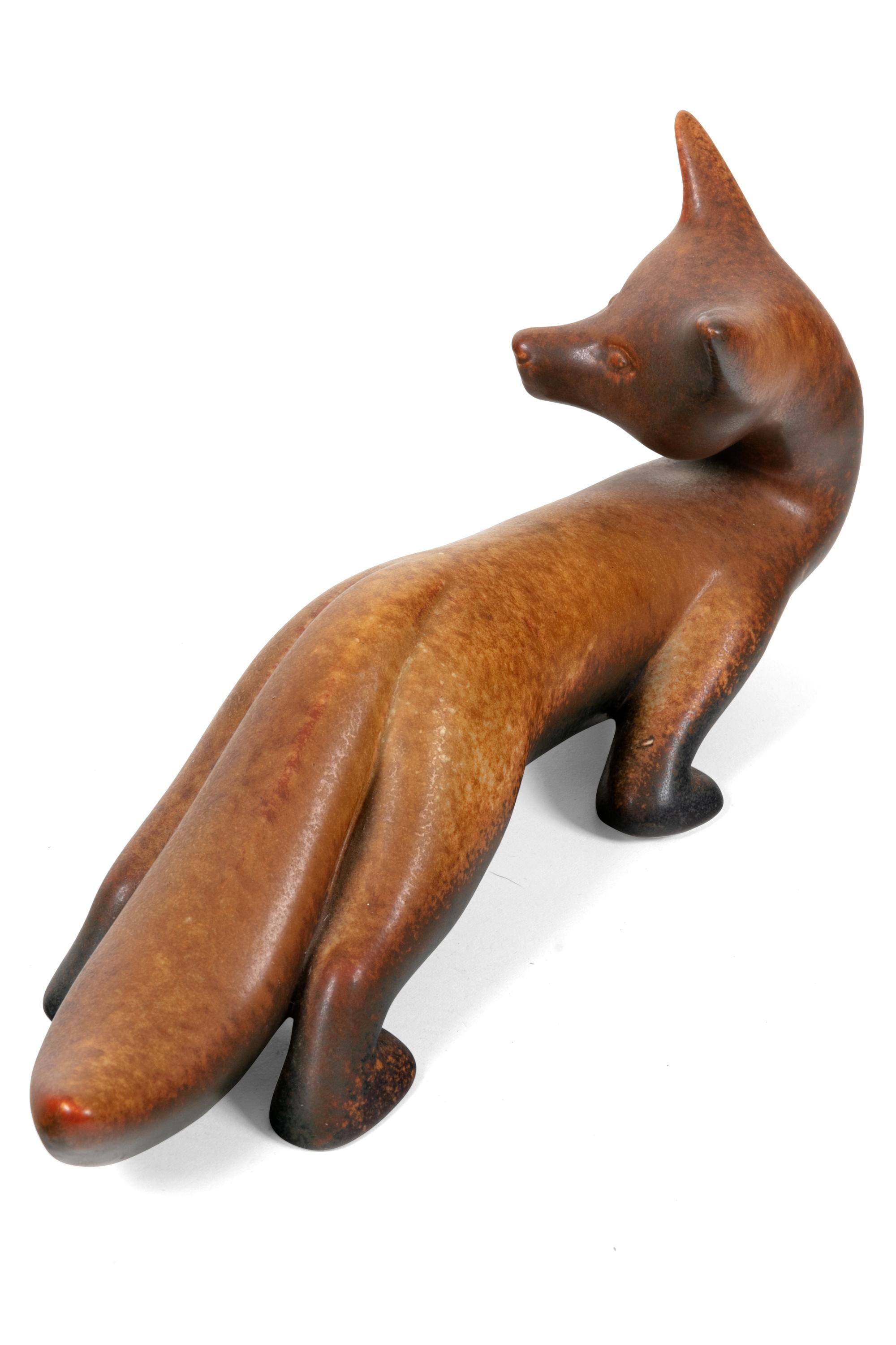 Glazed Gunnar Nylund Signed Brown Stoneware Fox for Rorstrand, Sweden, 1960s