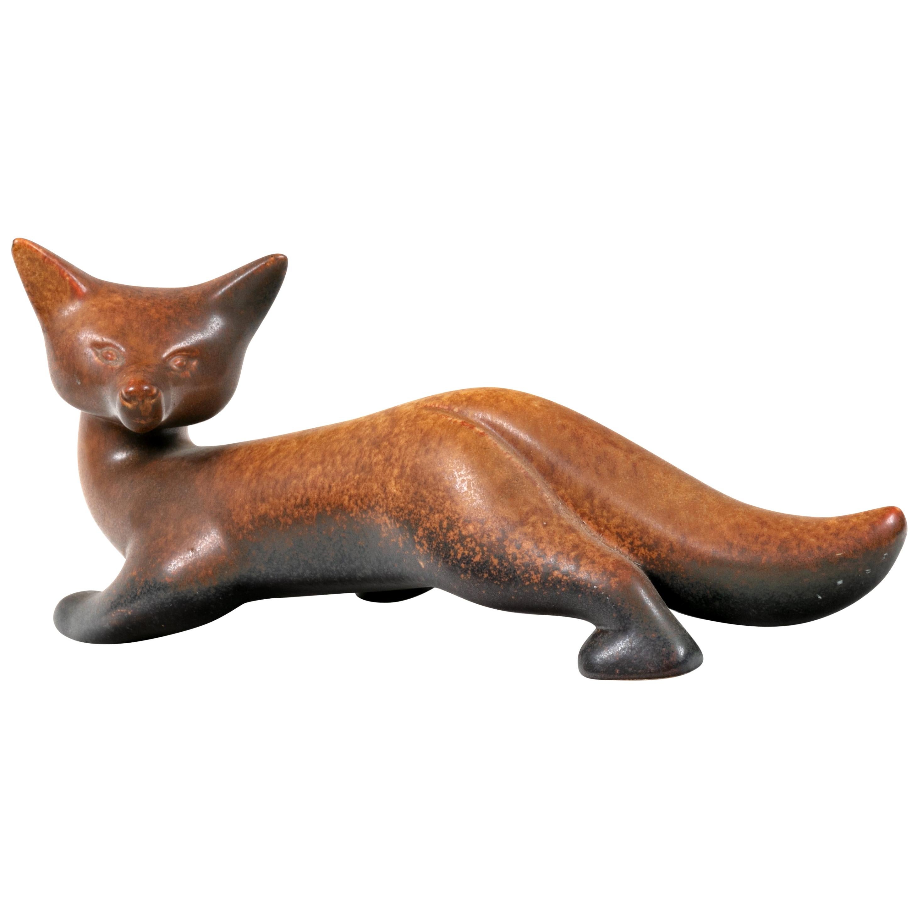 Gunnar Nylund Signed Brown Stoneware Fox for Rorstrand, Sweden, 1960s