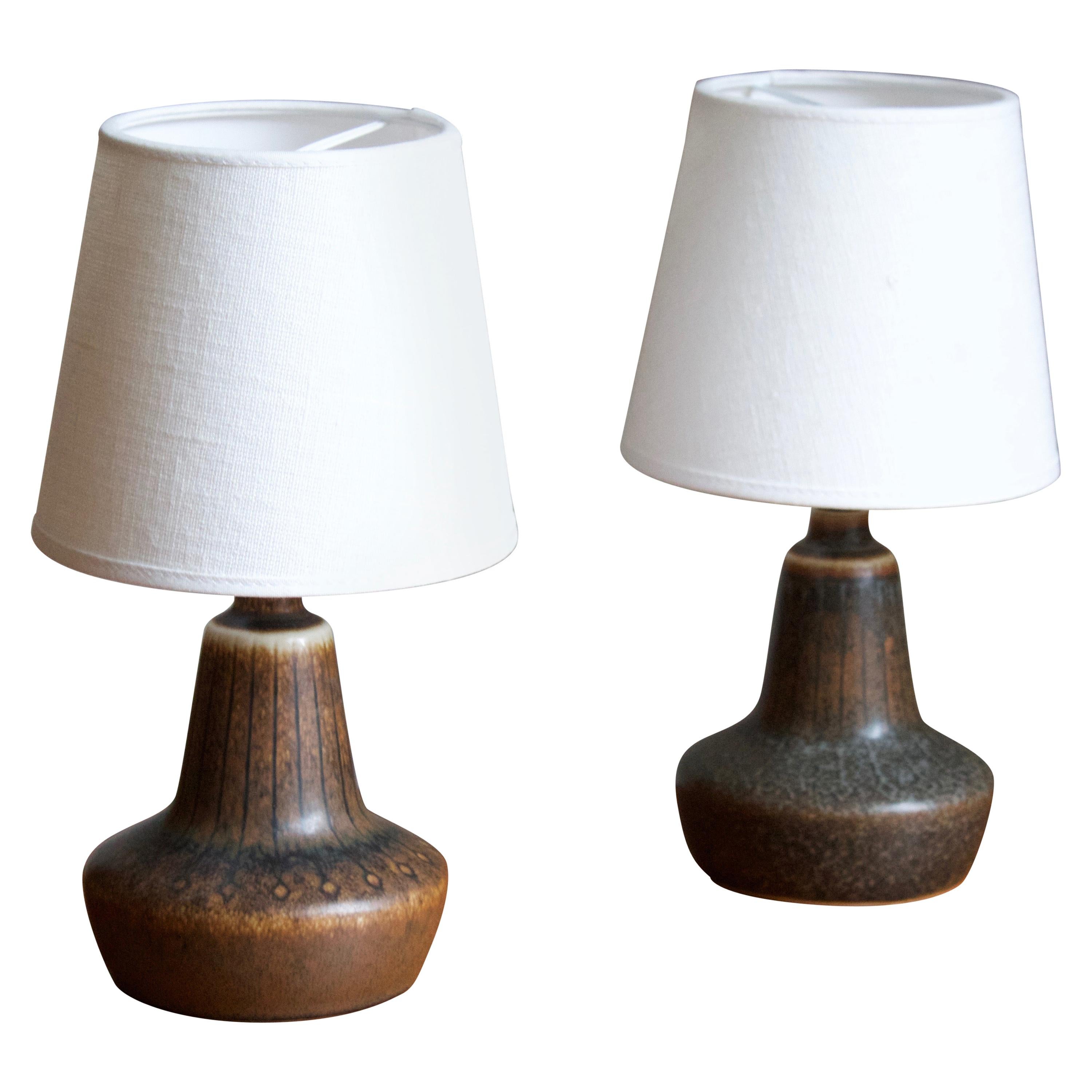 Gunnar Nylund, Small Table Lamps, Glazed Stoneware, Linen Rörstand, Sweden 1950s