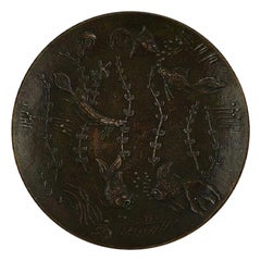 Gunnar Nylund, Sweden, Round Dish in Bronze Decorated with Underwater Scene