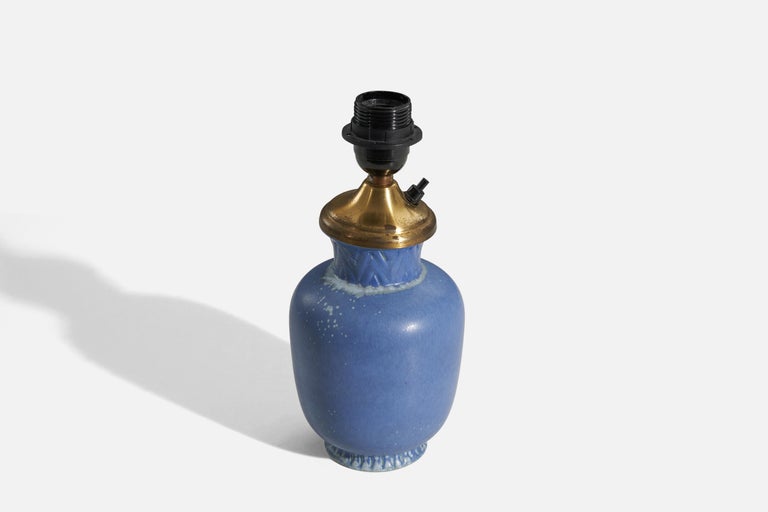 Gunnar Nylund, Table Lamp, Blue-Glazed Stoneware, Rörstand, Sweden 1950s In Good Condition For Sale In West Palm Beach, FL