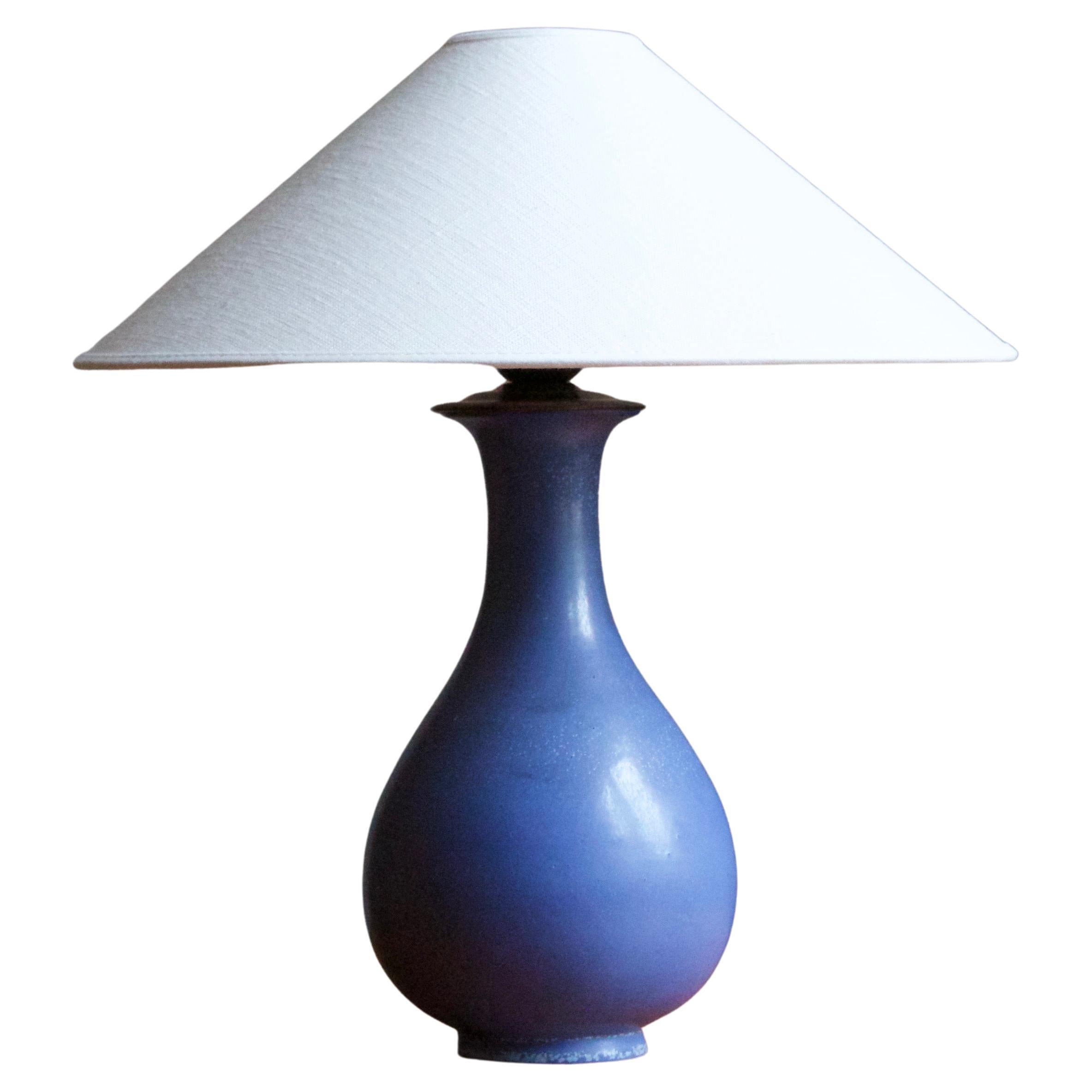 Gunnar Nylund, Table Lamp, Blue Glazed Stoneware, Rörstand, Sweden, 1950s