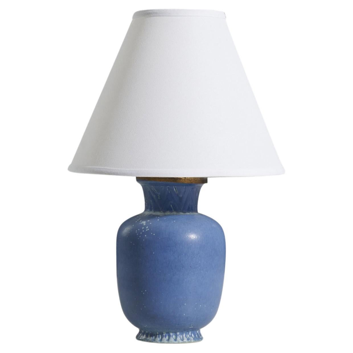 Gunnar Nylund, Tischlampe, blau glasiertes Steingut, Ständer, Schweden 1950er Jahre